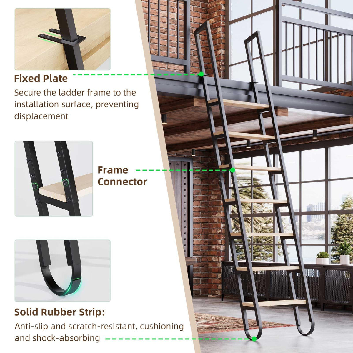11.35FT Industrial Style Loft Ladder, 9 Steps with Black Steel Handrails & Solid Wood Steps, 450lbs Capacity, Fits 9.2-10FT Installation Height,for Attic, Kitchen, Warehouse,Bookshelf& Outdoor
