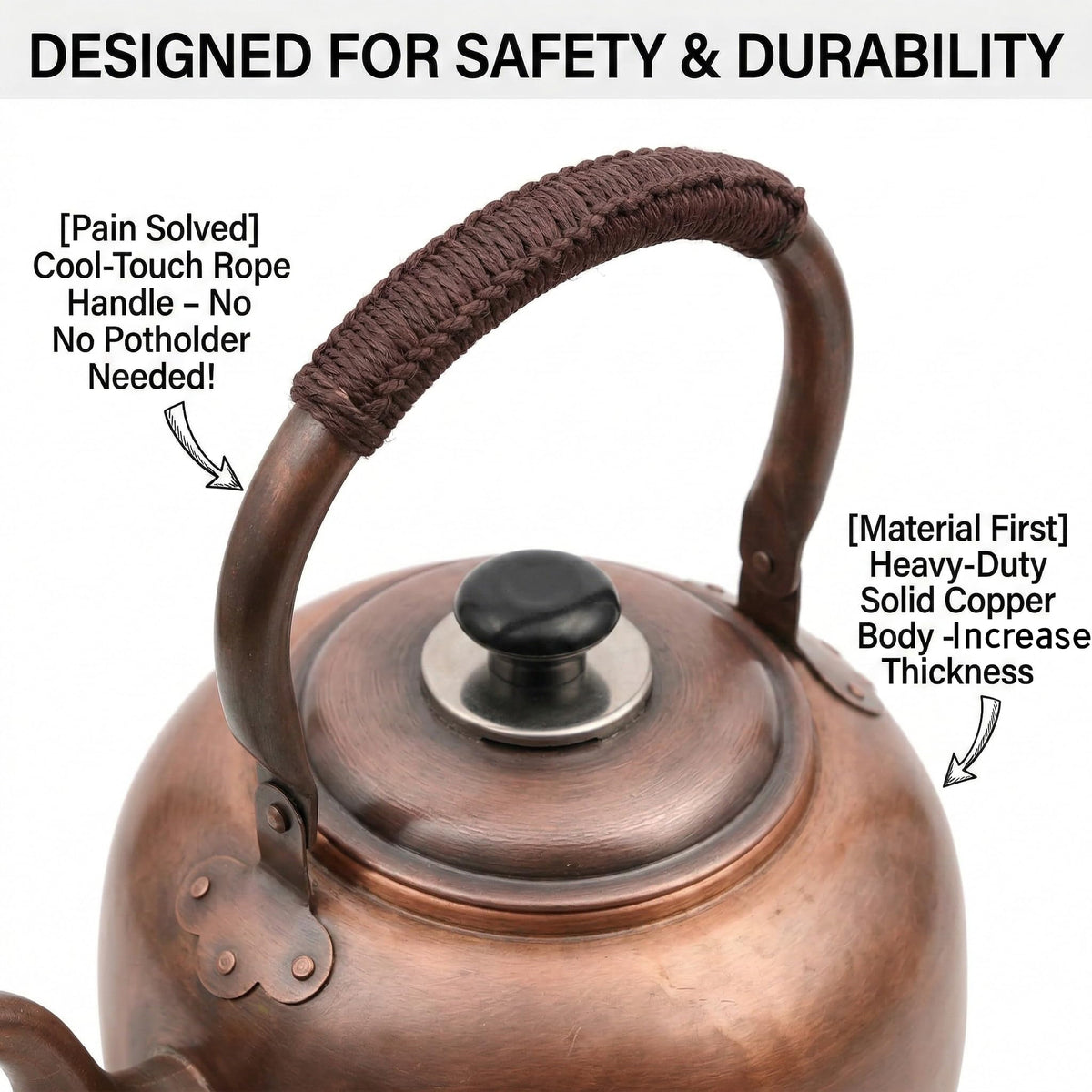 wloadry Copper Whistling Tea Kettle, Large Capacity with Cool-Touch Rope Handle,thicker Solid Copper Pot for Induction, Gas, Electric Stovetops, Fast Boiling Vintage Tea Maker (Bronze, 3.2 QT)