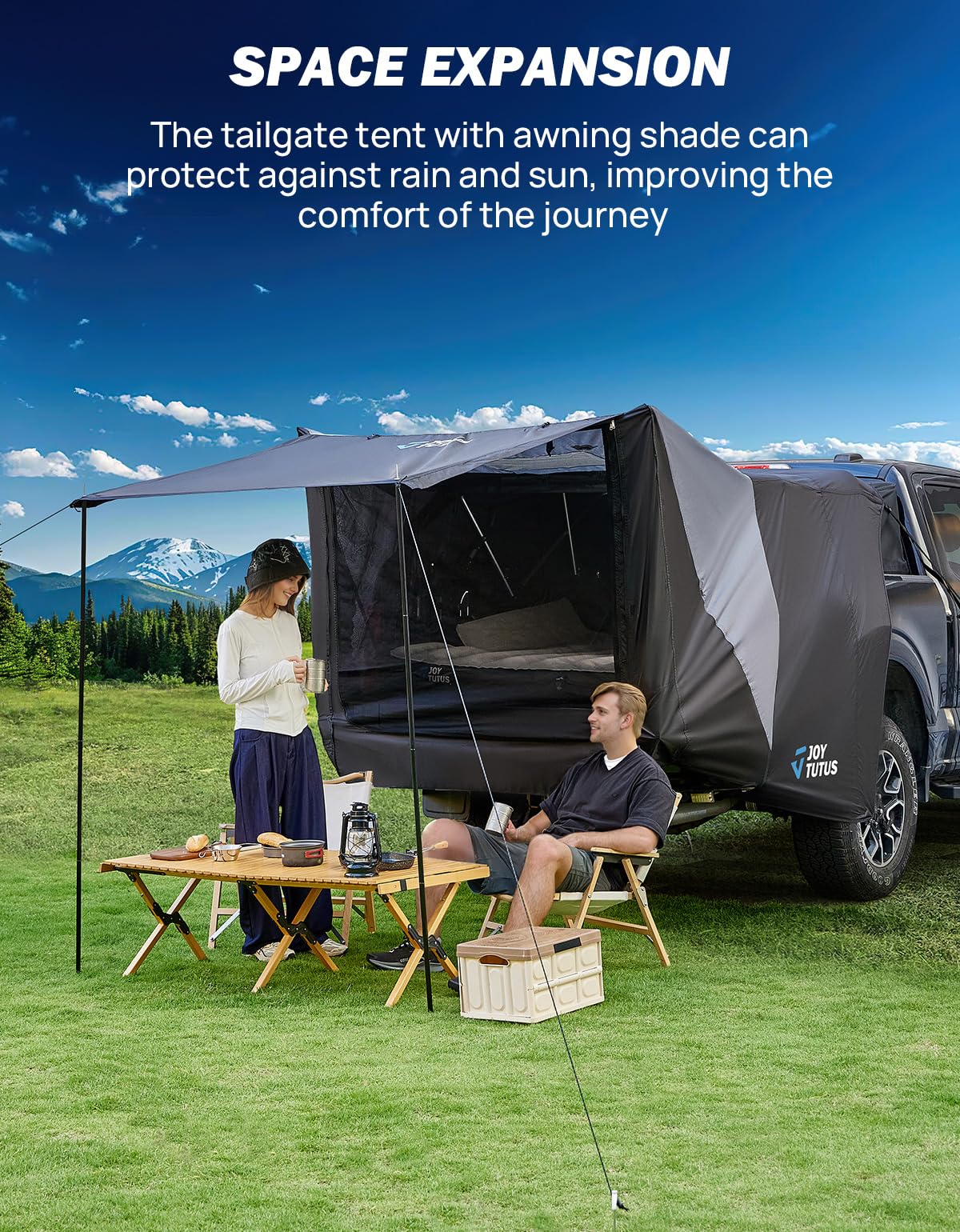 JOYTUTUS Truck Tent with Awning, Truck Bed Tailgate Tent Pickup Camping Tent Canopy (Only Fits Full-Size Truck with Soft Topper or Camper Shell)