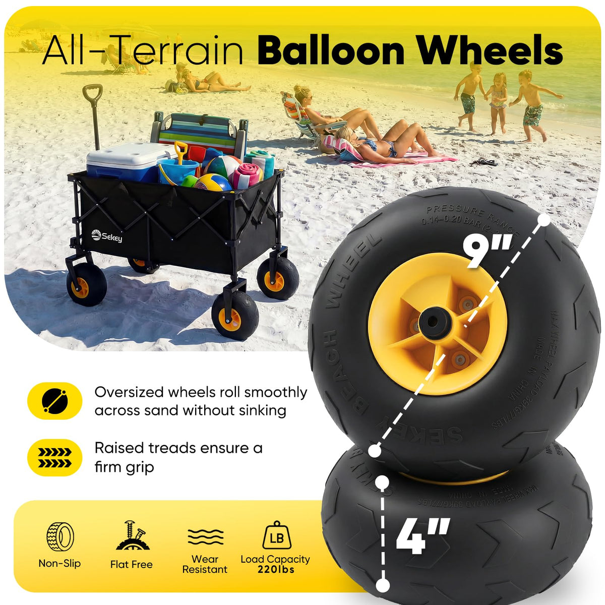 Sekey Heavy Duty Beach Wagon with 9" Big Sand-Proof Wheels – 600lb Capacity, 200L Oversized Foldable Cart | Adjustable Handle & All-Terrain Tires for Sand, Camping, Groceries