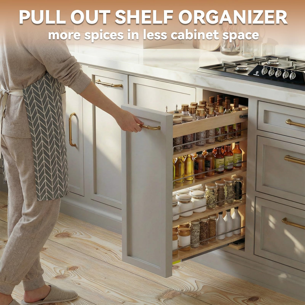 Grehitk Pull Out Spice Rack Organizer for Cabinet (8" W x 22.3" D x 25.2" H), Sliding Spice Rack for Kitchen Cabinet, Wood Pull Out Cabinet Organizer for Multi-Use
