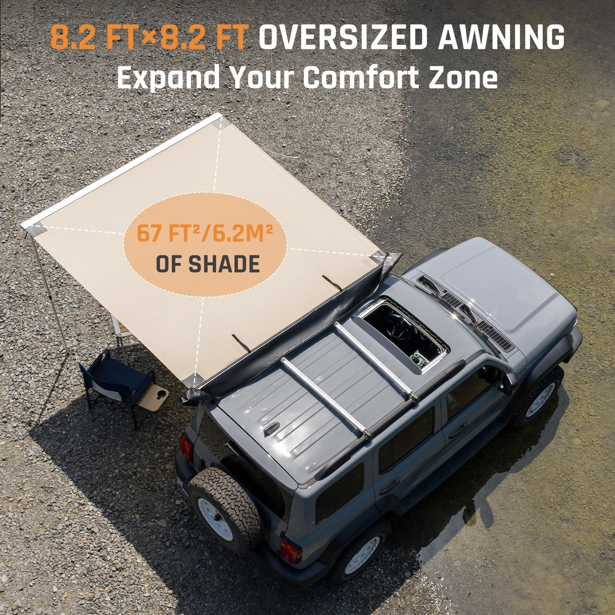 Vehicle Awning 8.2'×8.2' Roof Rack Pull-Out Sun Shade with UV Protection and Waterproof PU1000mm, Retractable Easy Up Camper Awning, Jeep/SUV/Truck/Van/RV Awning for Camping and Overland