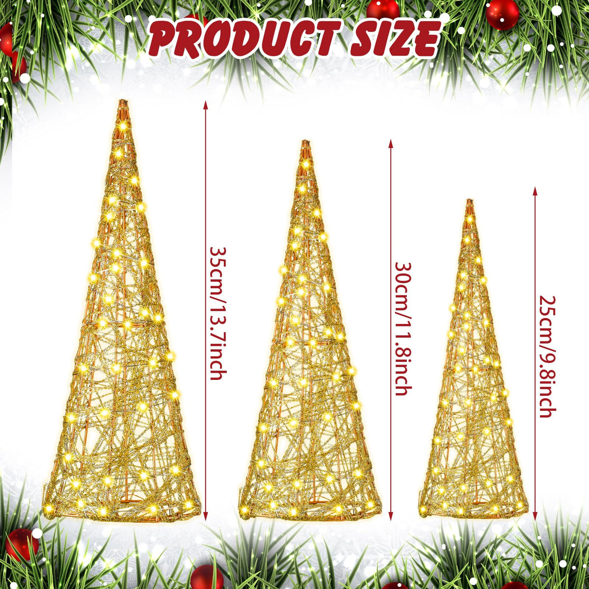 Baquler 3 Pcs LED Lighted Christmas Cone Trees Christmas Tree Ornament Gold Glittered Battery Operated Christmas Decoration Xmas Table Decor for Indoor Home Bedroom Tabletop Centerpiece Holiday Party