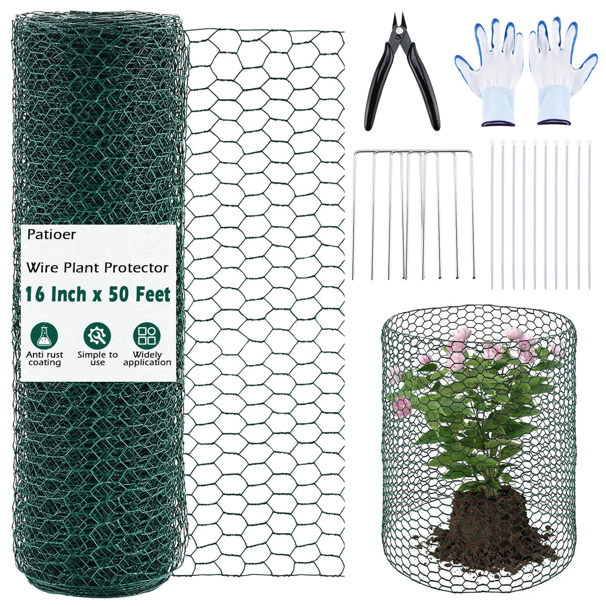 Patioer 16IN x 50Ft Plant Protectors from Animals, Wire Plant Cages for Outdoor, Chicken Wire Mesh Cloche with Plier Ground Stakes Gloves & Nylon Ties