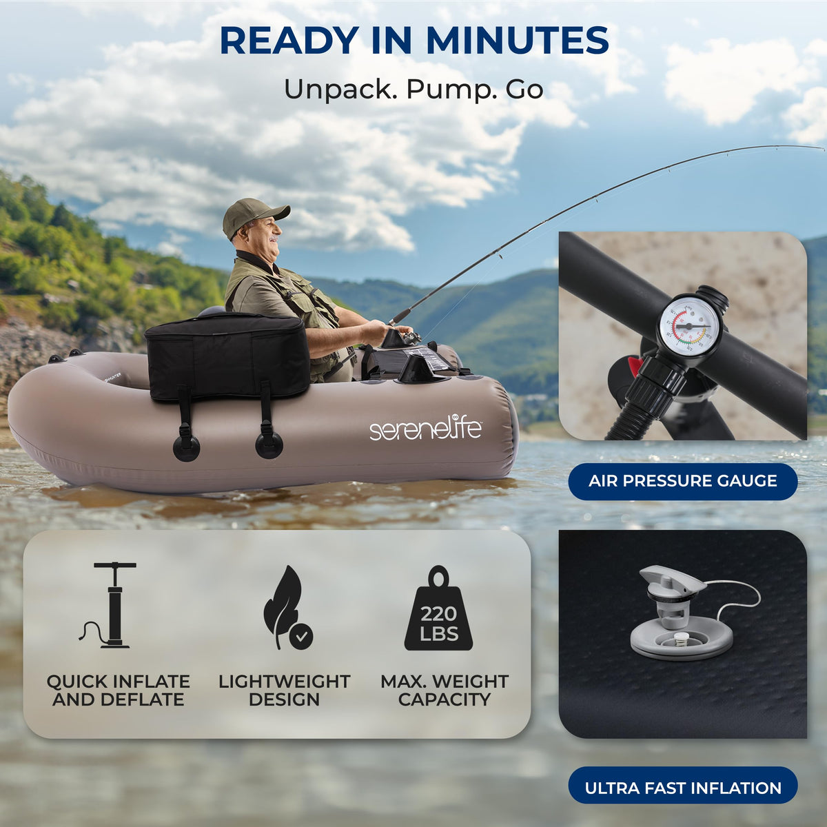 Serenelife Inflatable Fishing Float Tube – PVC Belly Boat for Angling with Fishing Rod Holders, 2 Waterproof Storage Pockets, Fish Ruler, 220 lbs Capacity