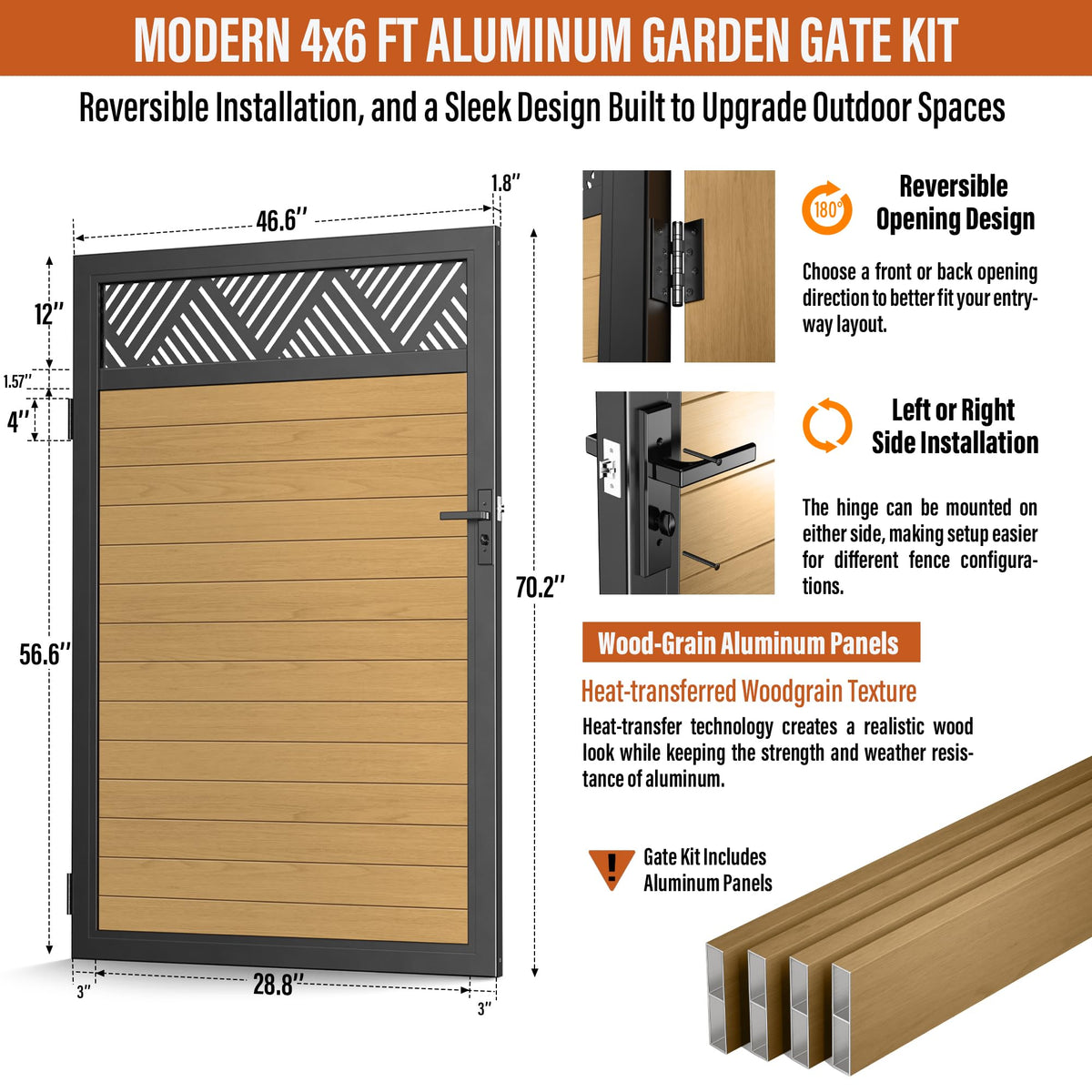 TORMIZ 4x6 FT (46.8"x70.8") All-Aluminum Fence Gate Kit with Wood-Grain Panels – Heavy Duty Anti-Sag Metal Gate Frame, Pre-Installed Left/Right Mount (All-in-One Kit, Panels Included)