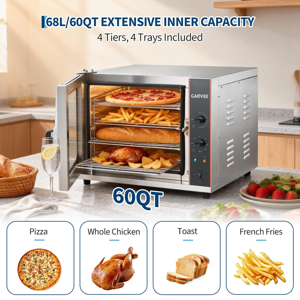 Commercial Countertop Convection Oven, 68L /60Qt 4-Tier Toaster Air Fryer, Stainless Steel Baking Roaster with Front Glass Door, 1440W, 30°c-300°c, Trays, Wire Racks, US Plug, 1.5m Cord, YS-CCO-120
