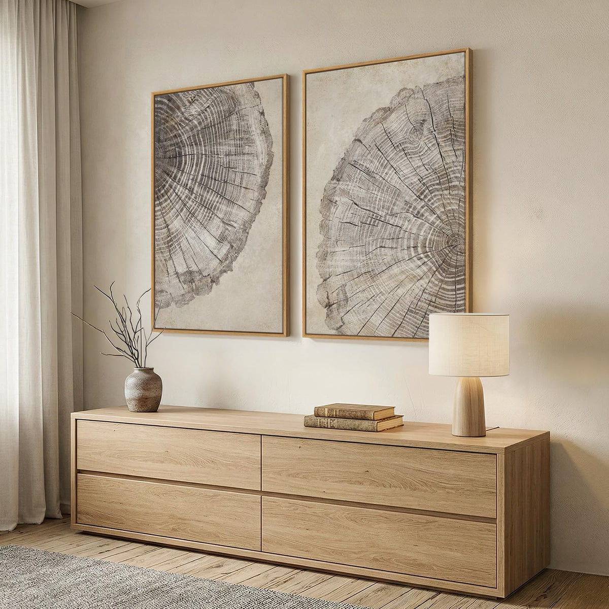 2 Piece Framed Neutral Tree Rings Wall Art for Living Room, Large Modern Wood Grain Canvas Prints Paintings, Farmhouse Nature Wabi Sabi Artwork Decor for Bedroom Hallway 24x36 Inch
