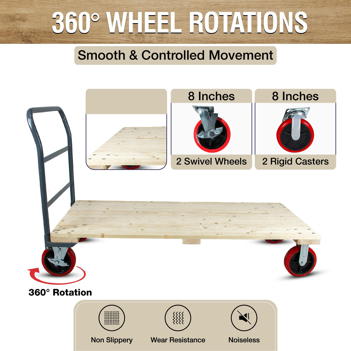 5Seconds Heavy Duty 3300LB Hardwood Flatbed Platform Cart – 60” x 30” Industrial Dolly Hand Push Truck, 8'' Swivel Locking Wheels – Super Heavy Duty Commercial Moving
