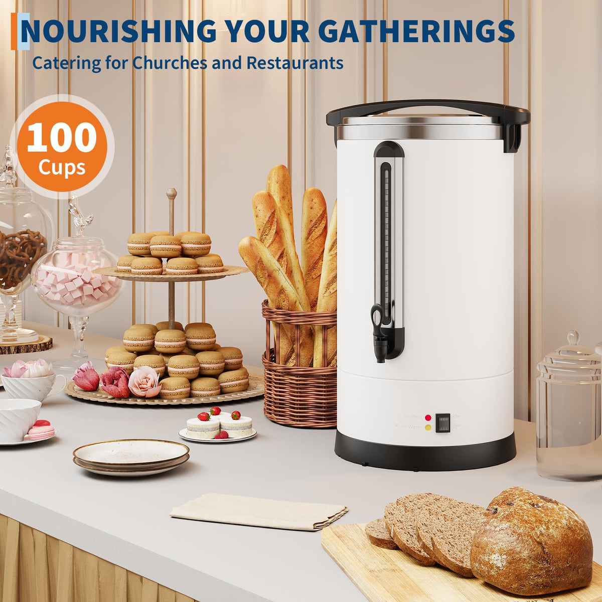 Garvee 14 L/100 Cups Coffee Urn-3.8 gal Double Wall Commerical Coffee Maker for Buffet Catering Wedding Gathering,Large Capacity Hot Coffee Dispenser,Stainless Steel Hot Water Urn-White