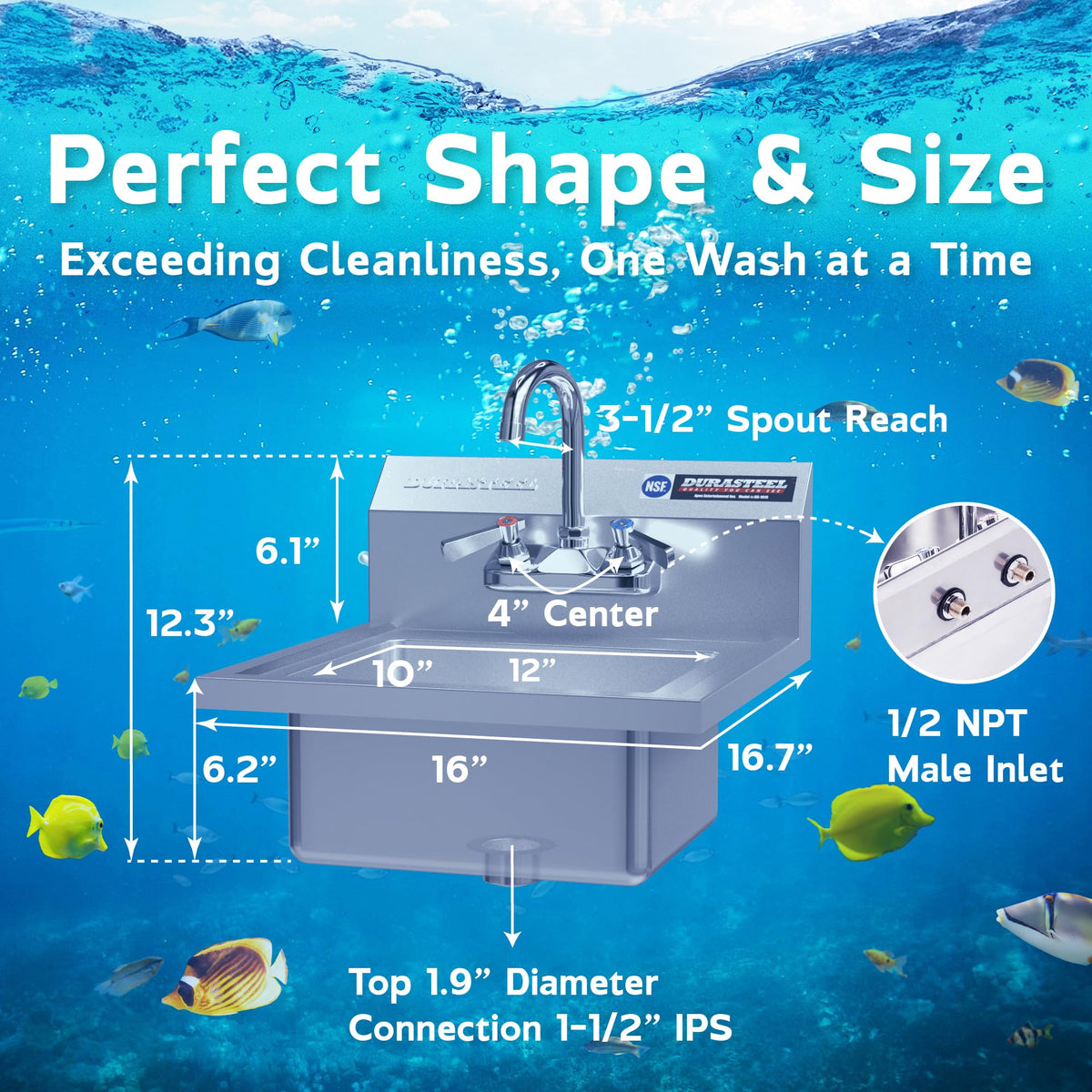 DuraSteel Stainless Steel Sink - NSF Commercial Wall Mount Kitchen Sink - Small Hand Sink with 12" x 10" x 5.5"D Wash Basin - With Sink Strainer and Faucet - For Laundry, Restaurants, Bars, and More