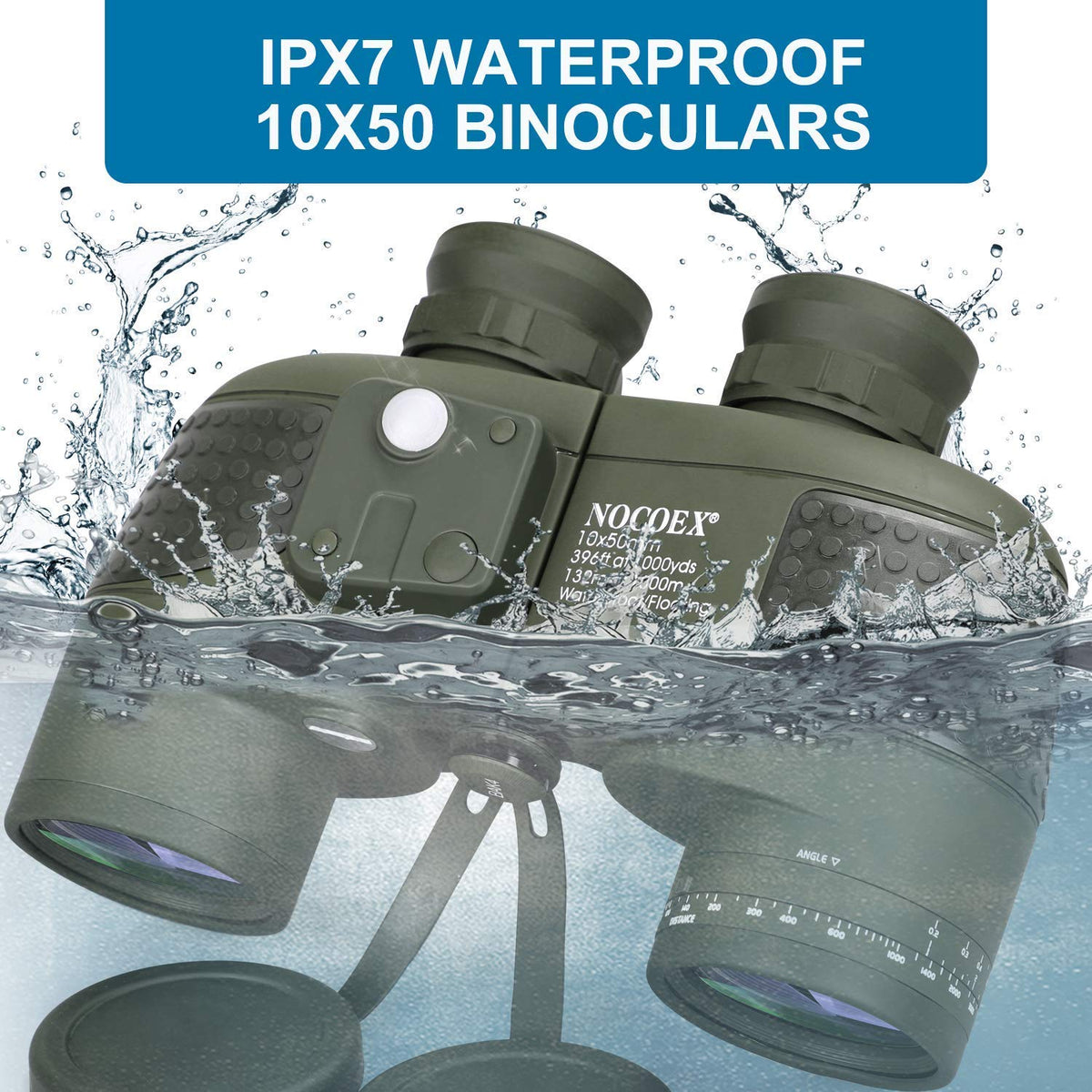 NOCOEX 10x50 Marine Binoculars for Adults, Military Binoculars Waterproof with Rangefinder Compass BAK4 Prism FMC Lens Fogproof for Navigation Boating Fishing Water Sports Hunting