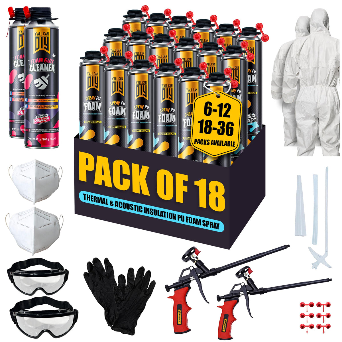 Spray Foam Insulation Kit for Walls & Attic -18 Pack Foam Insulation Spray - 360 Board ft/sq.ft. Heat & Sound Control, Energy Saving, Seal Gaps & Cracks Complete Kit (18x32.8 oz)