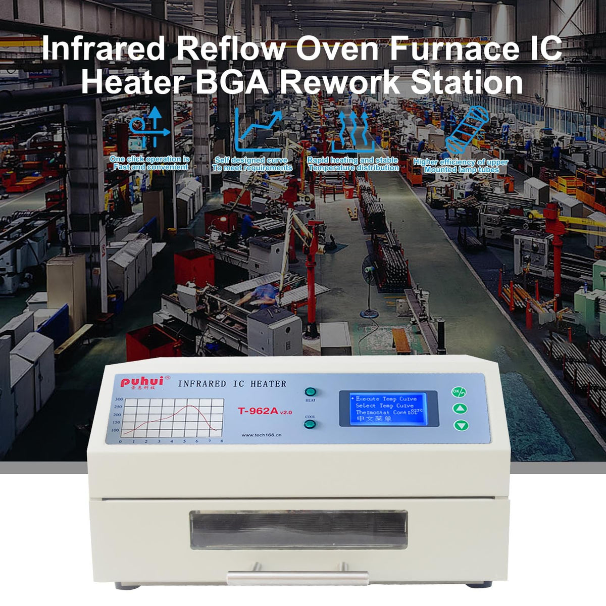 T962A Automatic Reflow Soldering Machine with Hot Air Circulation - Infrared Heater for PCB SMT BGA Rework Station, 1500W Drawer Type Reflow Oven, Wide Welding Area 300mm x 320mm