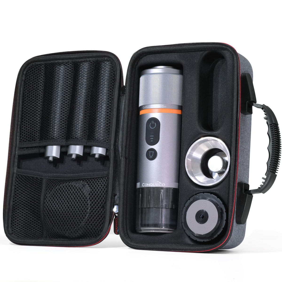 CONQUECO Portable Espresso Machine Travel: 12v Car Coffee Maker Set with Battery for Camping - Small Electric - 2.5 Mins Heating - With Ground Coffee & NS Capsule & Handbag for RV, Hiking, Office