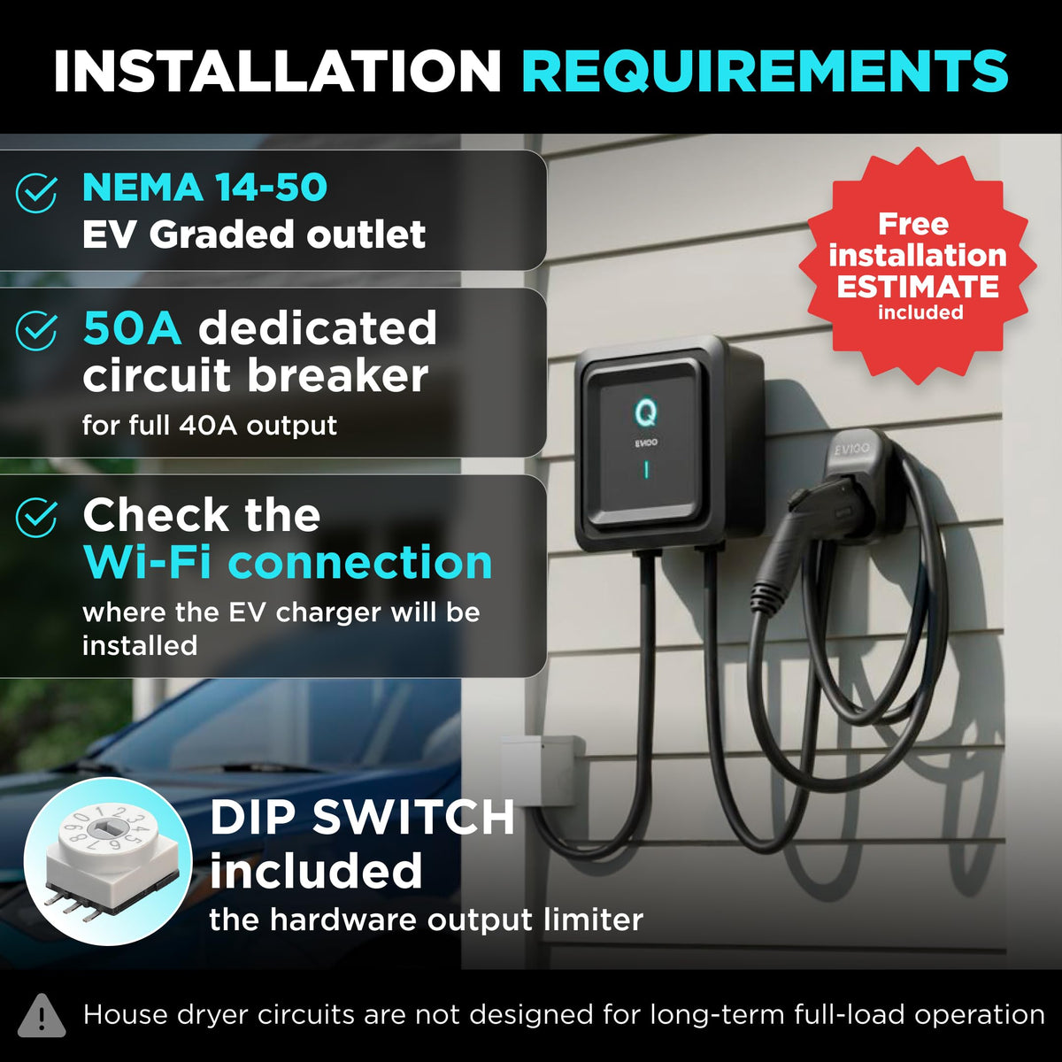 EVIQO Level 2 EV Charger, 40 Amp 240V, J1772 for Non-Tesla EVs, 25ft Cable, WiFi (2.4GHz) Smart App, Weatherproof Indoor/Outdoor (IP66, NEMA 4), UL & ETL Certified, NEMA 14-50 Plug-in, 9.6kW