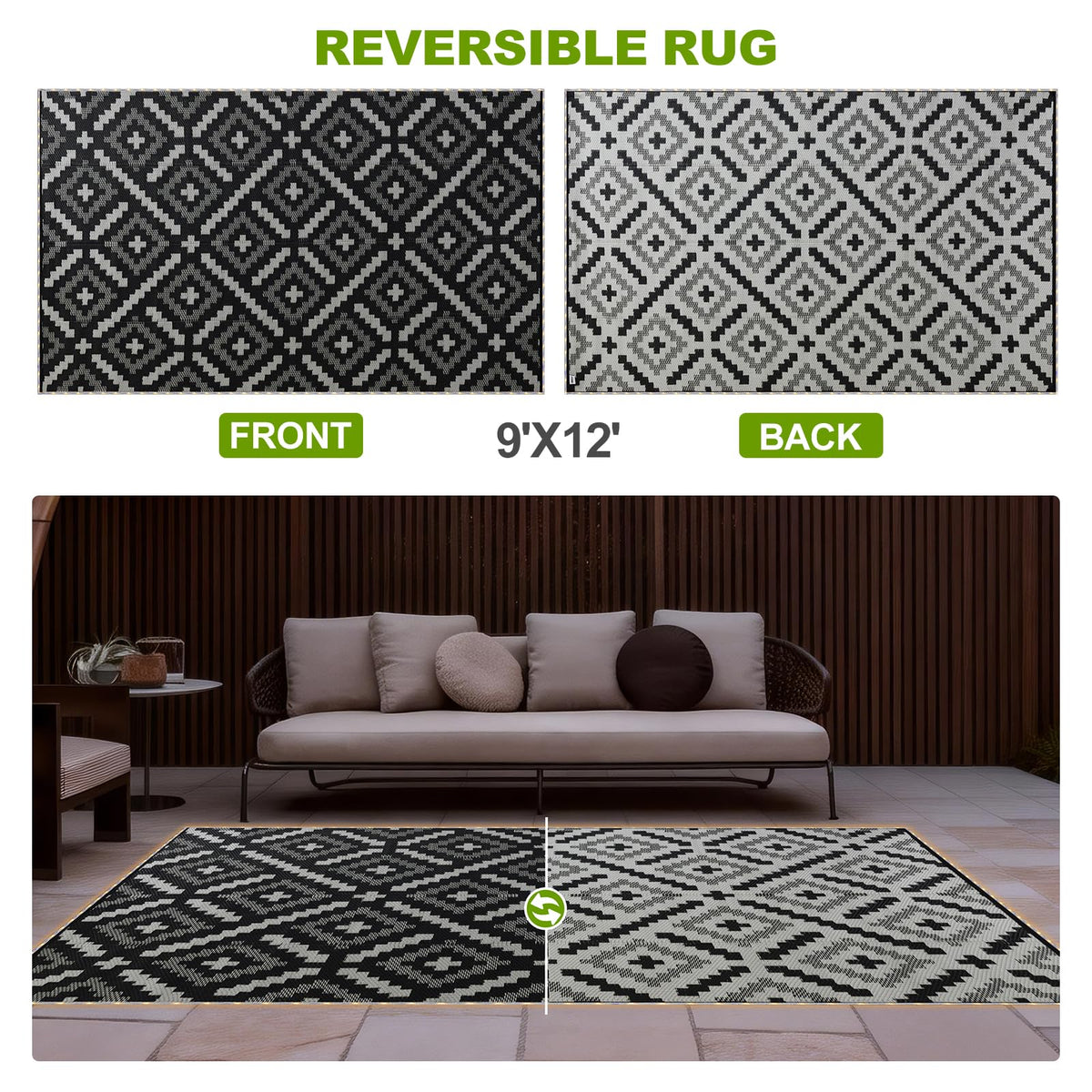 YONILE 9x12 ft Outdoor Rug Waterproof for Patio with LED Light,Large Outdoor Plastic Straw Rug,Reversible Plastic Area Rugs Mat Outside Carpet for RV, Deck, Porch, Picnic, Beach, Balcony