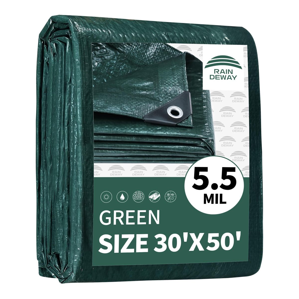 RAINDEWAY 30x50 Feet Tarp, Green Large Tarps,5.5 Mil Thick,Multipurpose Waterproof Poly Tarps Cover with Metal Grommets and Reinforced Edges