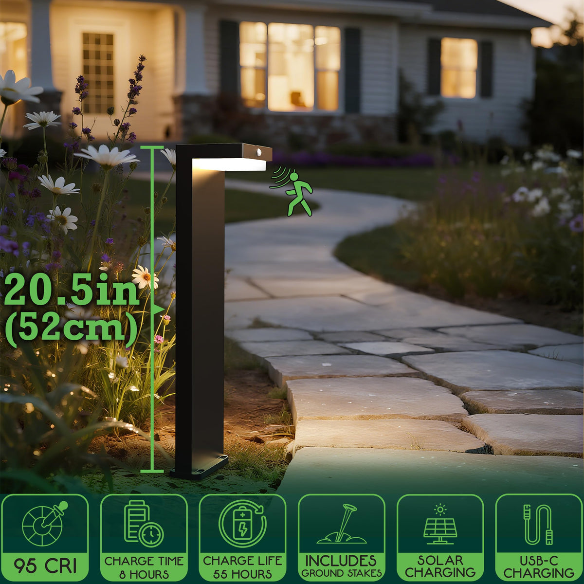 VerLuce - 20.5" Solar Pathway Lights - Walkway Solar Lights for Outside - PIR Sensor & Two Lighting Modes - Rechargeable Battery Lasts Up to 55 Hours - 3000K - IP44 Weather Resistant - 4 Pack
