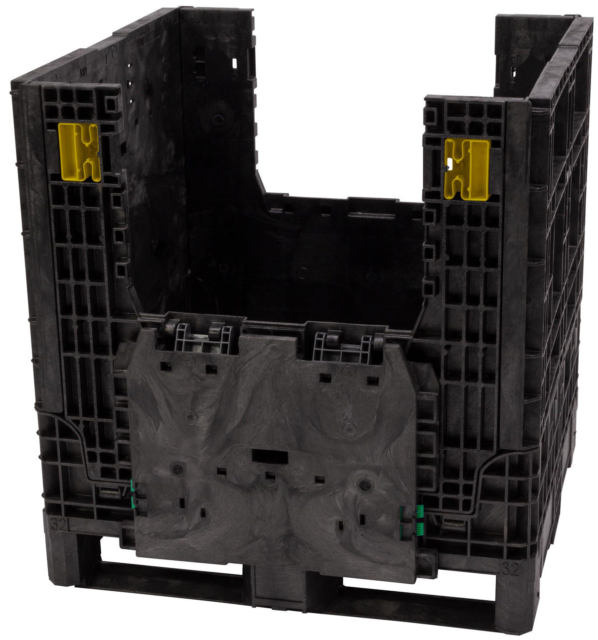 Buckhorn 32" x 30" x 34" Collapsible Bulk Box Container, Standard Duty Plastic Stacking Gaylord Box with 4-Way Forklift Access and 2 Drop Doors, 1700 lb Capacity Storage Tote, Black (BN32303420)