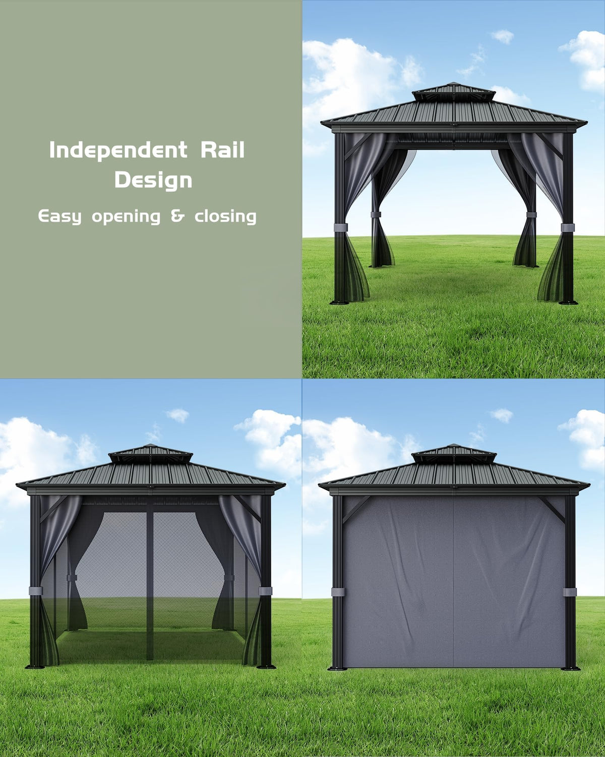 12'X12' Permanent Hardtop Gazebo, Aluminum Frame with Double Galvanized Steel Roof, Outdoor Patio Pavilion with Curtains & Netting for Backyard, Deck – Gray
