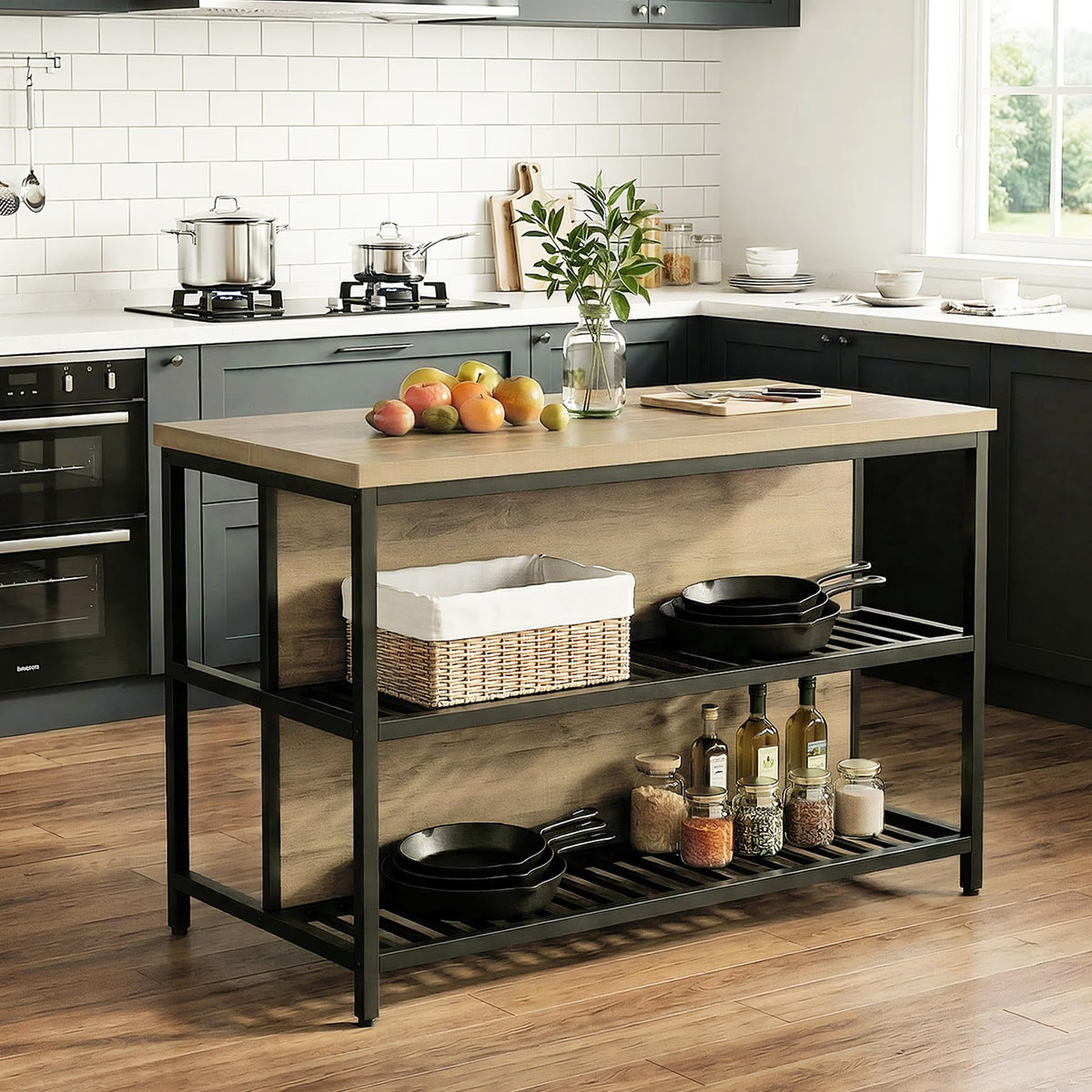LITTLE TREE 55-Inch Kitchen Island Table with Storage, 3-Tier Stationary Center Island Table with Metal Base, Farmhouse Rustic Kitchen Island, Brown