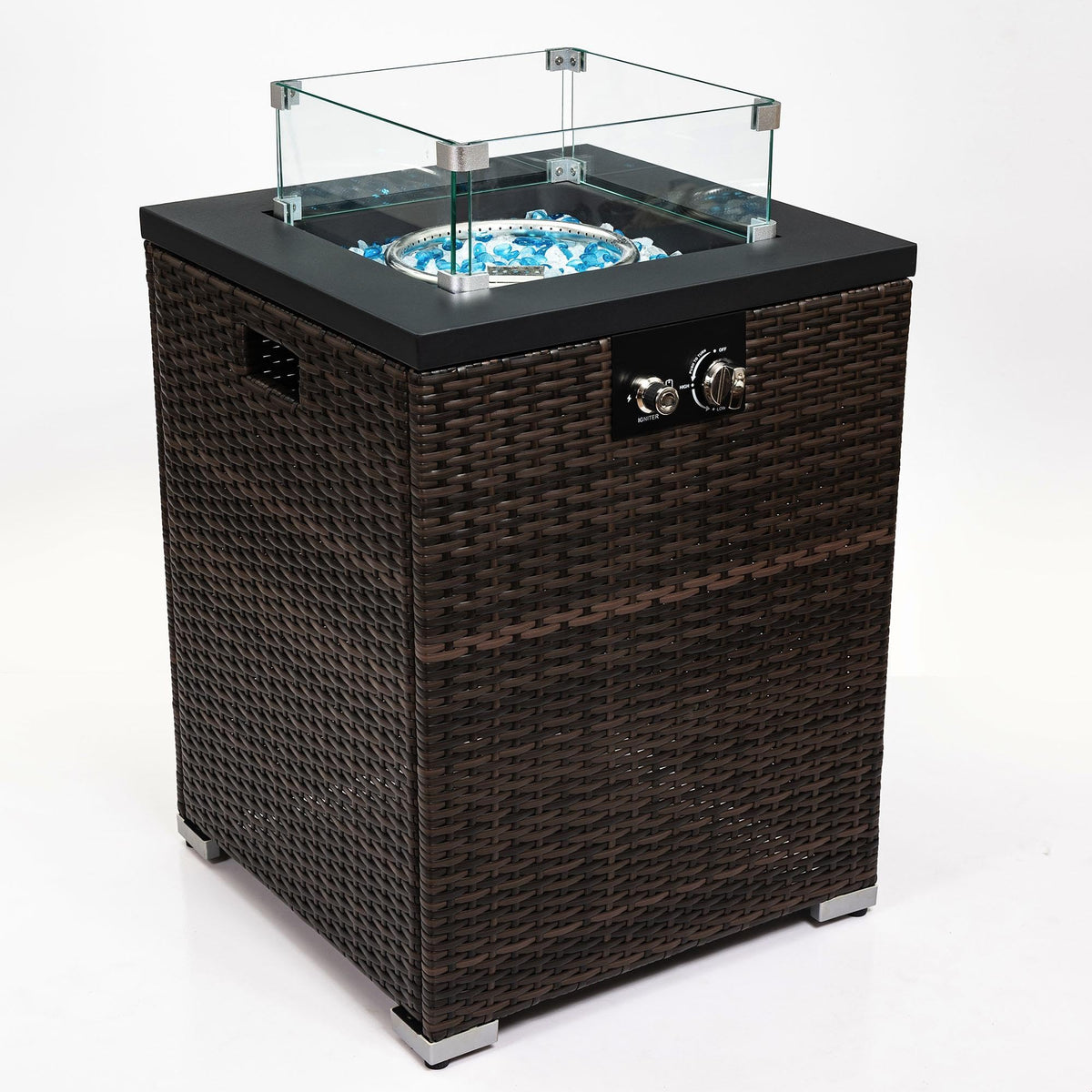 GDFStudio 22" Outdoor Propane Gas Fire Pit Table, 40,000 BTU Square Patio Heater with Wicker Base, Glass Wind Guard & Rain Cover, Small Outdoor Firepit for Garden Deck Backyard, Dark Brown