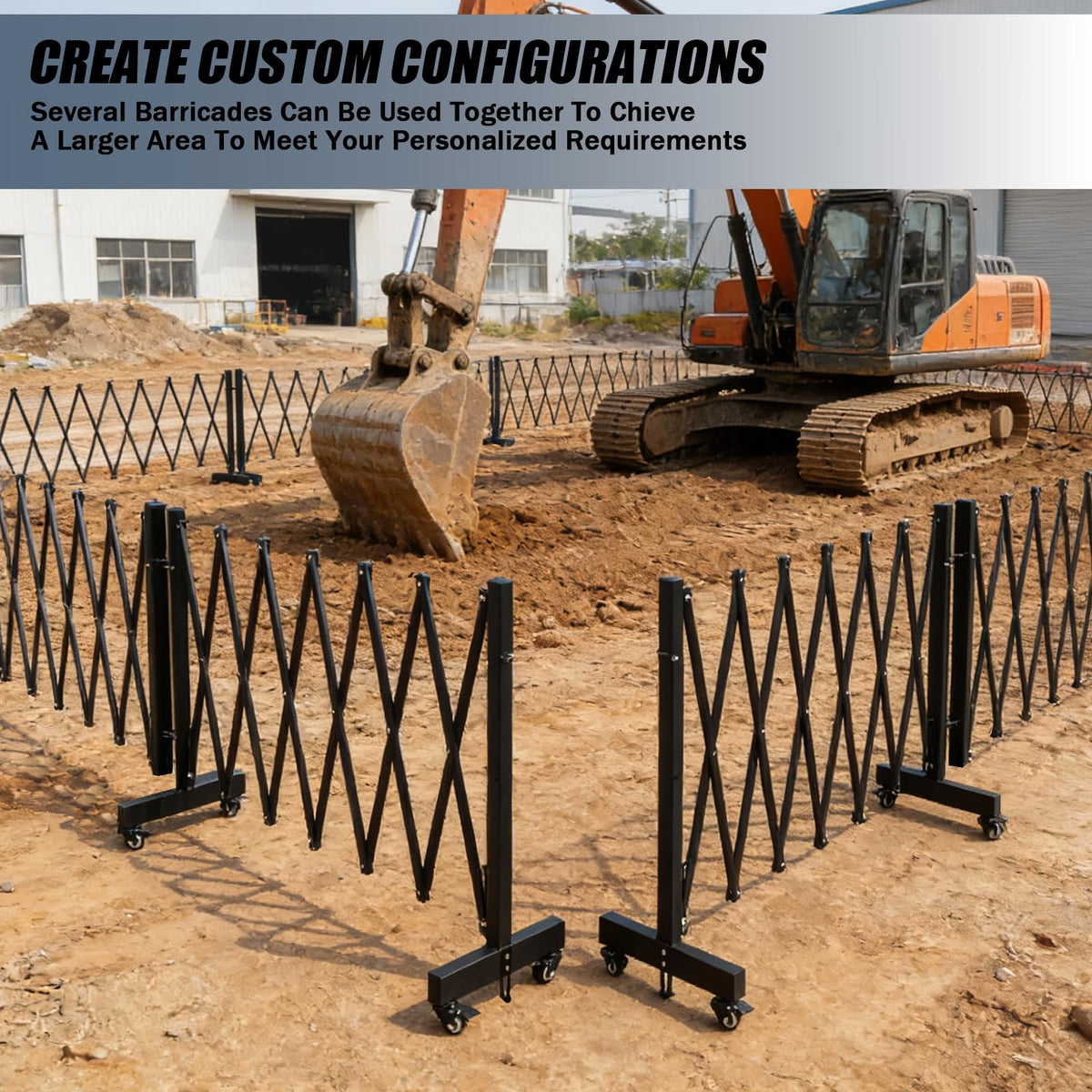 23.5FT Industrial Metal Expandable Barricade，Retractable Traffic Fence with Casters, Folding Security Gate，Portable Barricade Gate for Construction Area, Traffic Control, Cordon(Black