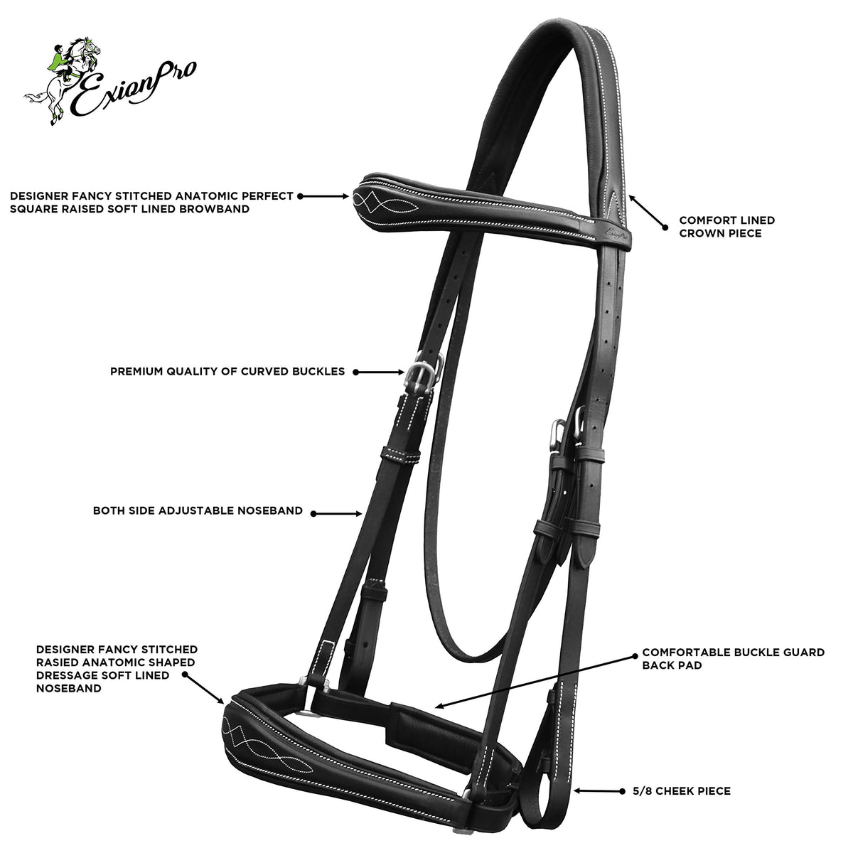 Exion Dressage Bridle for Horses – Anatomical Leather Bridle with Padded Noseband & Browband | Includes Web Reins with Hand Stoppers | Black & Brown | Cob, Full, Pony & Warmblood Sizes