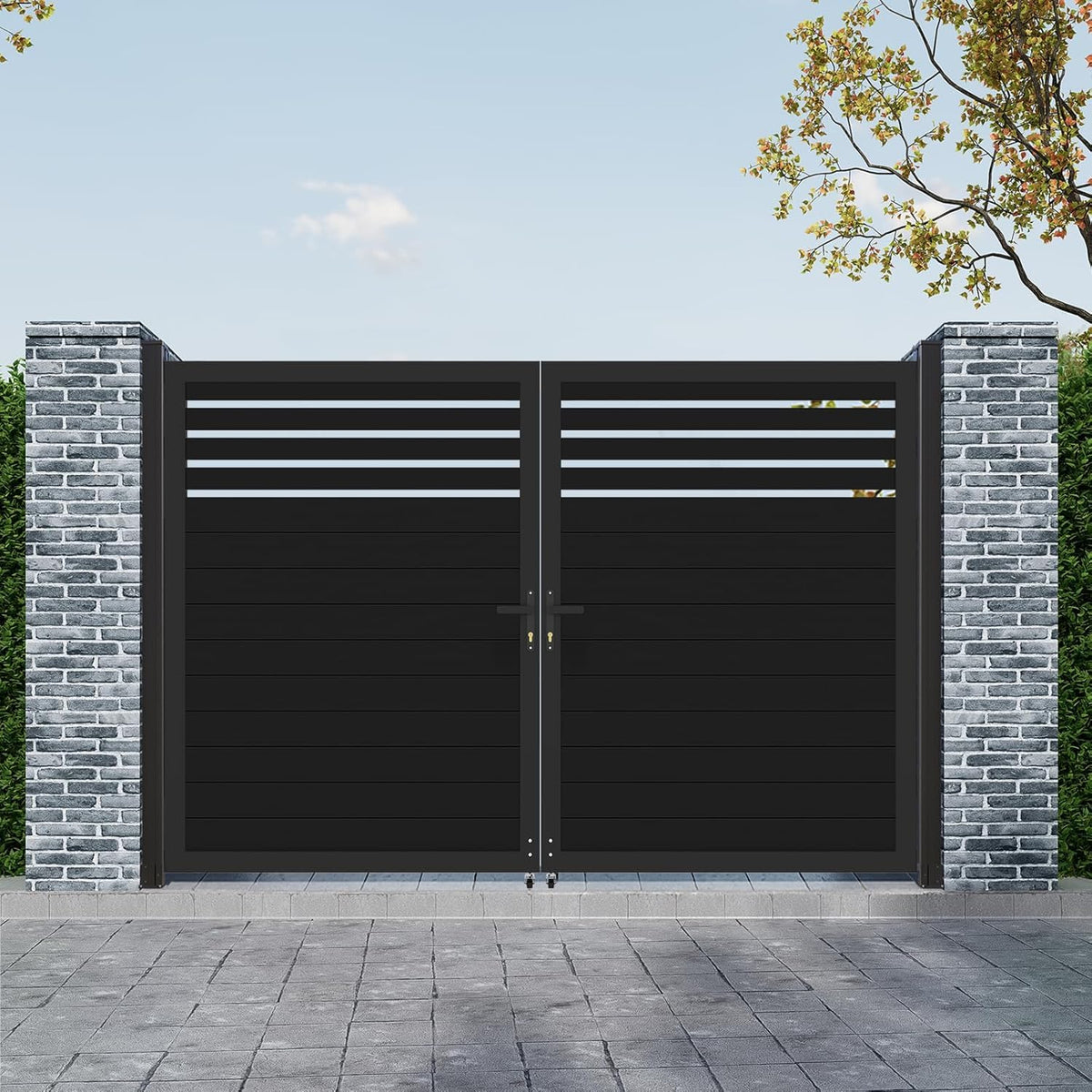 Mondaria Aluminum Double Fence Gate, 6FT H x 10FT W Outdoor Driveway Privacy Gate with Heavy Duty Metal Frame, Rustproof Powder-Coated Gate with Lockable Handle Kit, Semi-Privacy (Posts Not Included)