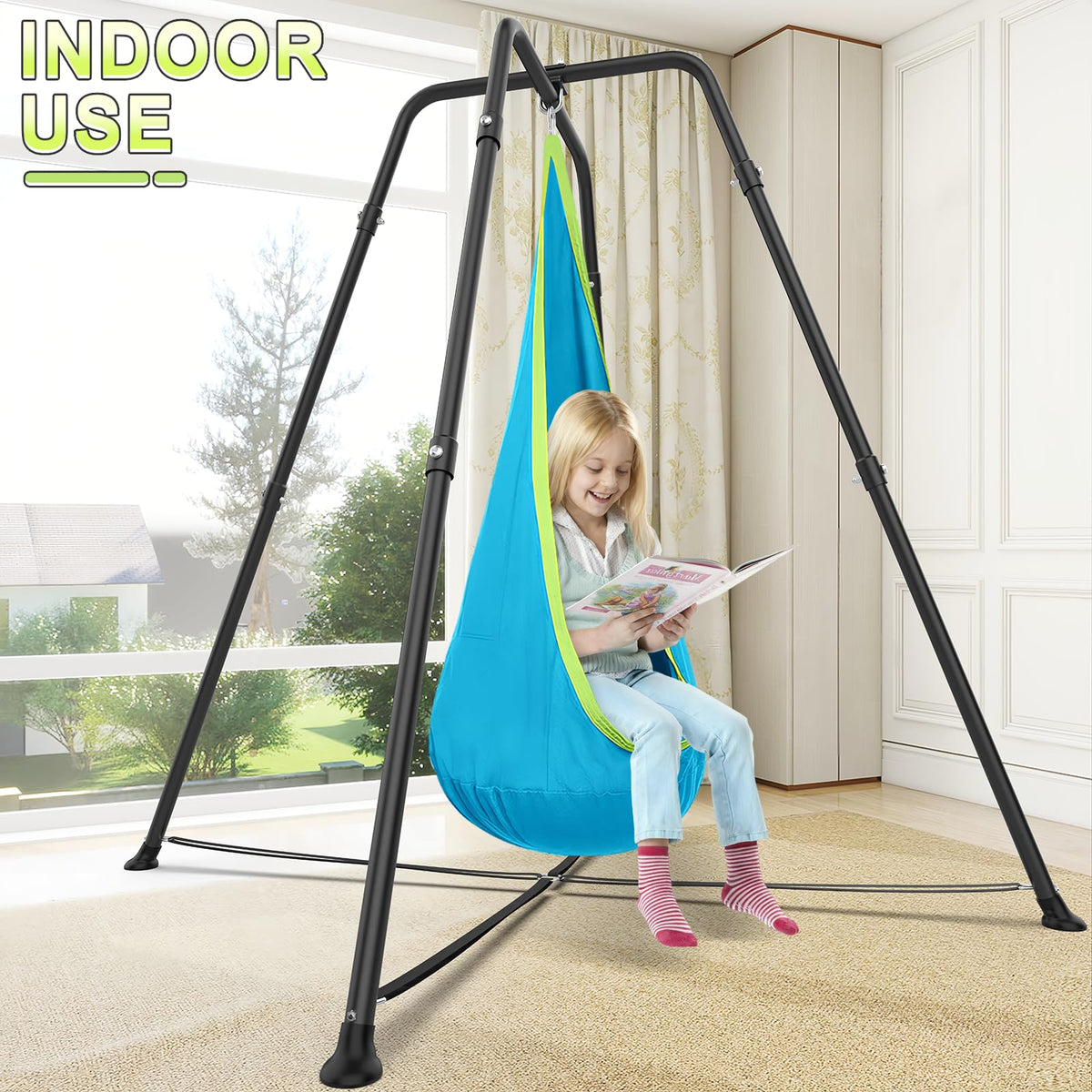 Swing Stand with Sensory Swing, Swing Frame with Pod Swing, X-Shaped Swing Set, Metal Swing Chiar with Stand for Adults Indoor and Outdoor 330LBS (Aqua Gradient)