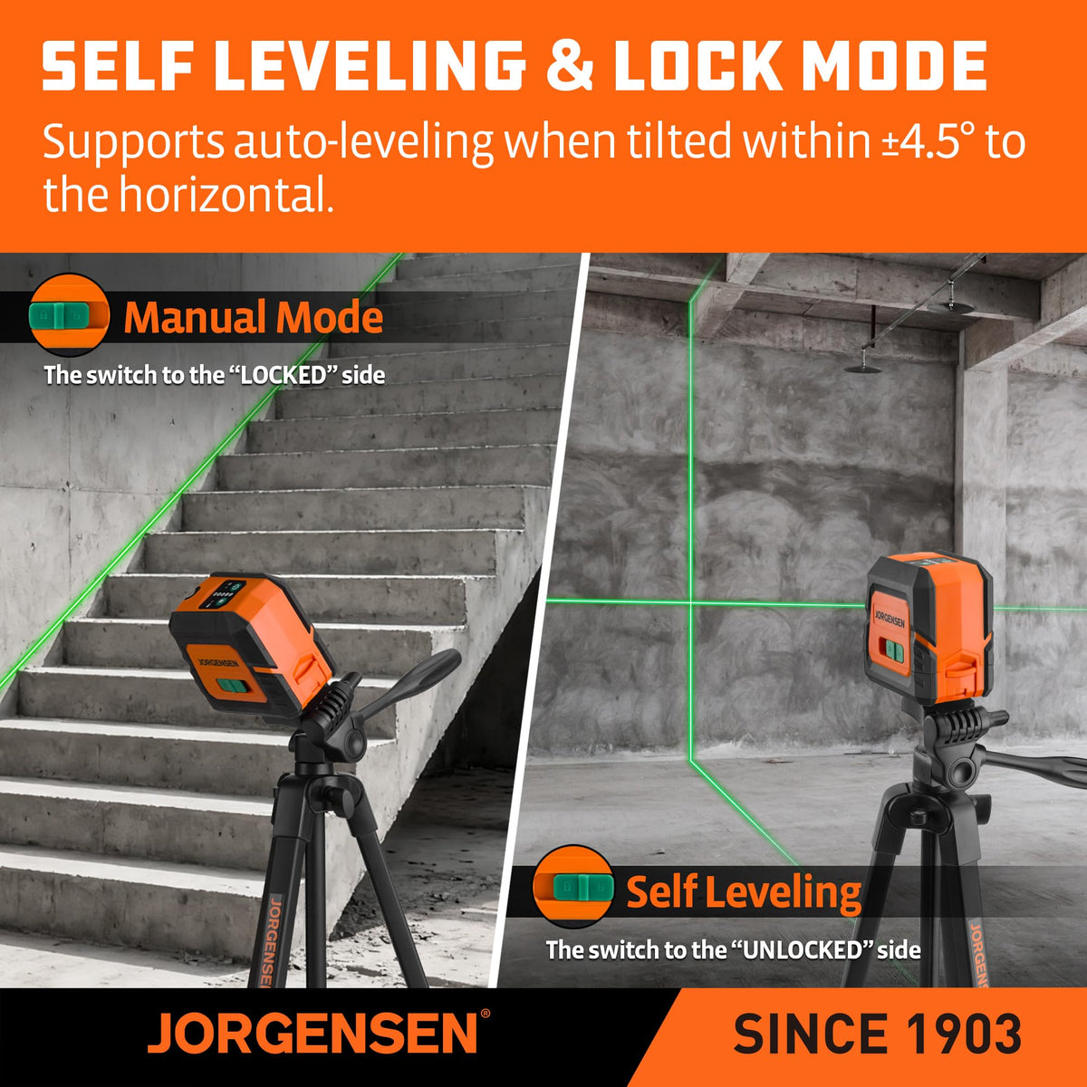 JORGENSEN Laser Level with Tripod & 2 Plumb Dots, 100 FT Self Leveling Point Cross Line Laser Leveler Tool, Wide Angle Green Laser Level for Picture Hanging, Indoor Project, Construction, Carry Bag