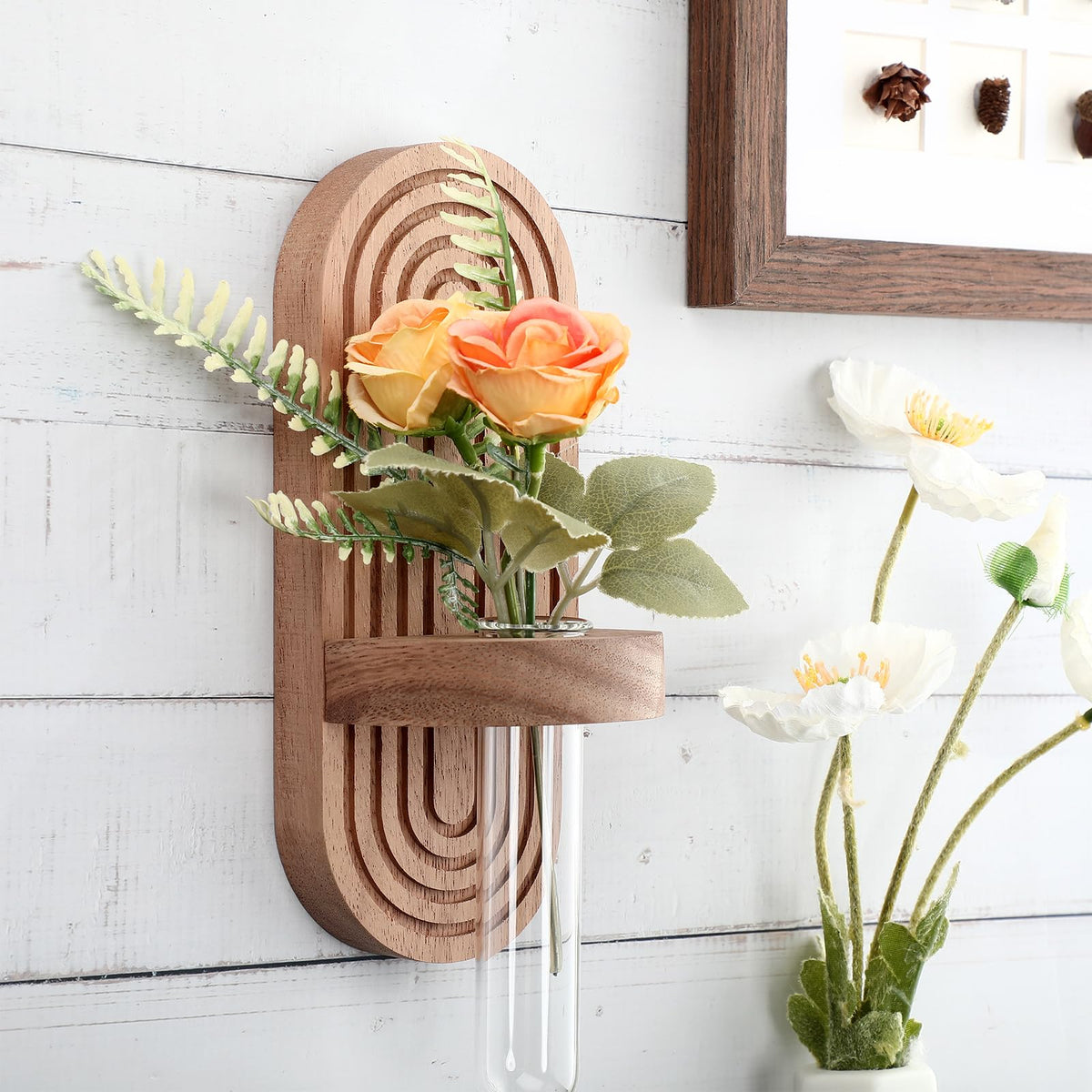 Beeveer 4 Sets Hanging Plant Propagation Stations Walnut Wood Wall Mounted Test Tube Vase Rustic Decorative Glass Planter Holder Gift for Women Plant Lover Hydroponic Flowers Home and Office Decor