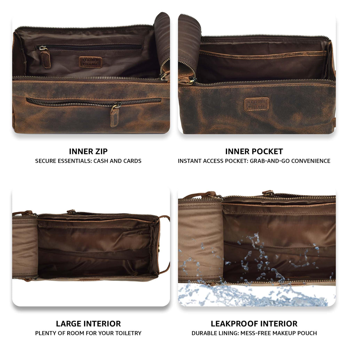 LEATHER VILLAGE Genuine Leather Travel Toiletry Bag - Water-Resistant Dopp Kit for Toiletries, Large Shaving Bag & Bathroom Organizer - Gift for Men & Women - Rustic Brown