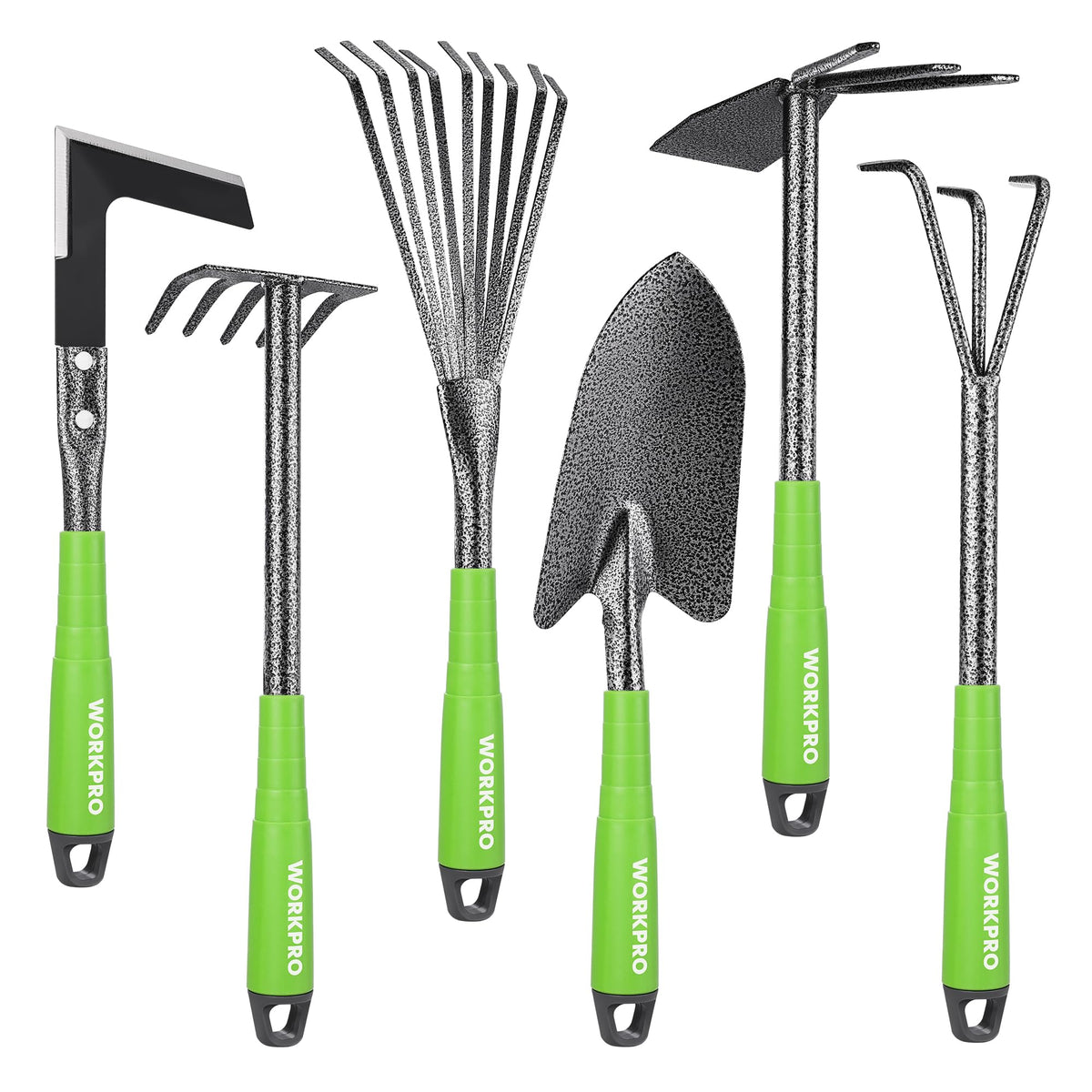 WORKPRO 6-Piece Garden Tool Set, Heavy Duty Gardening Hand Tools with Soft Rubber Handle, Including Trowel, Rakes, 2-in-1 Hoe and Crack Weeder, Ideal Gardening Gifts for Men and Women