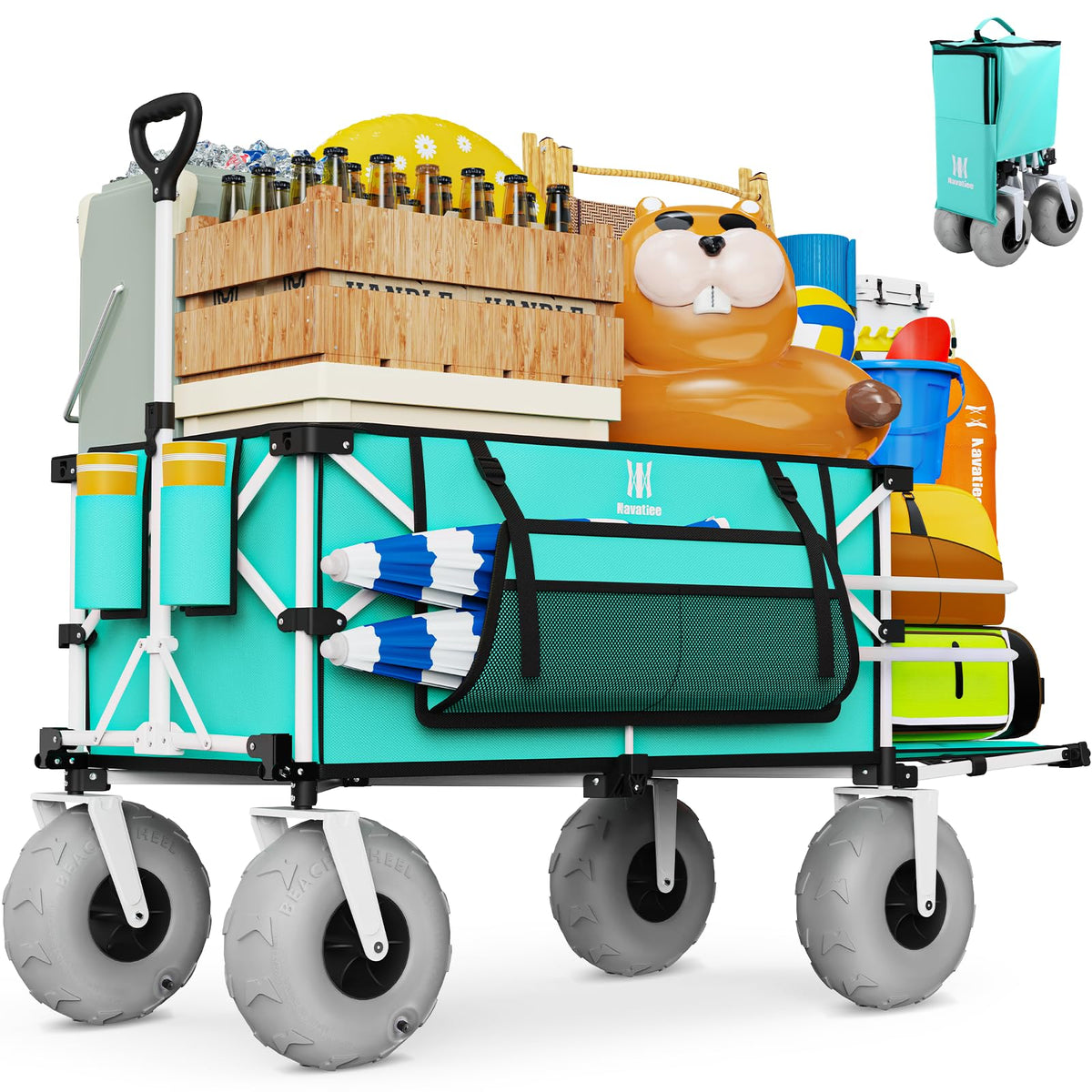 Navatiee 260L Beach Wagon with Extended Tailgate, 440lbs Heavy Duty Beach Cart with 9” Big Balloon Wheels for Sand, Collapsible Folding Wagon with Side Pocket for Outdoor, Light Blue