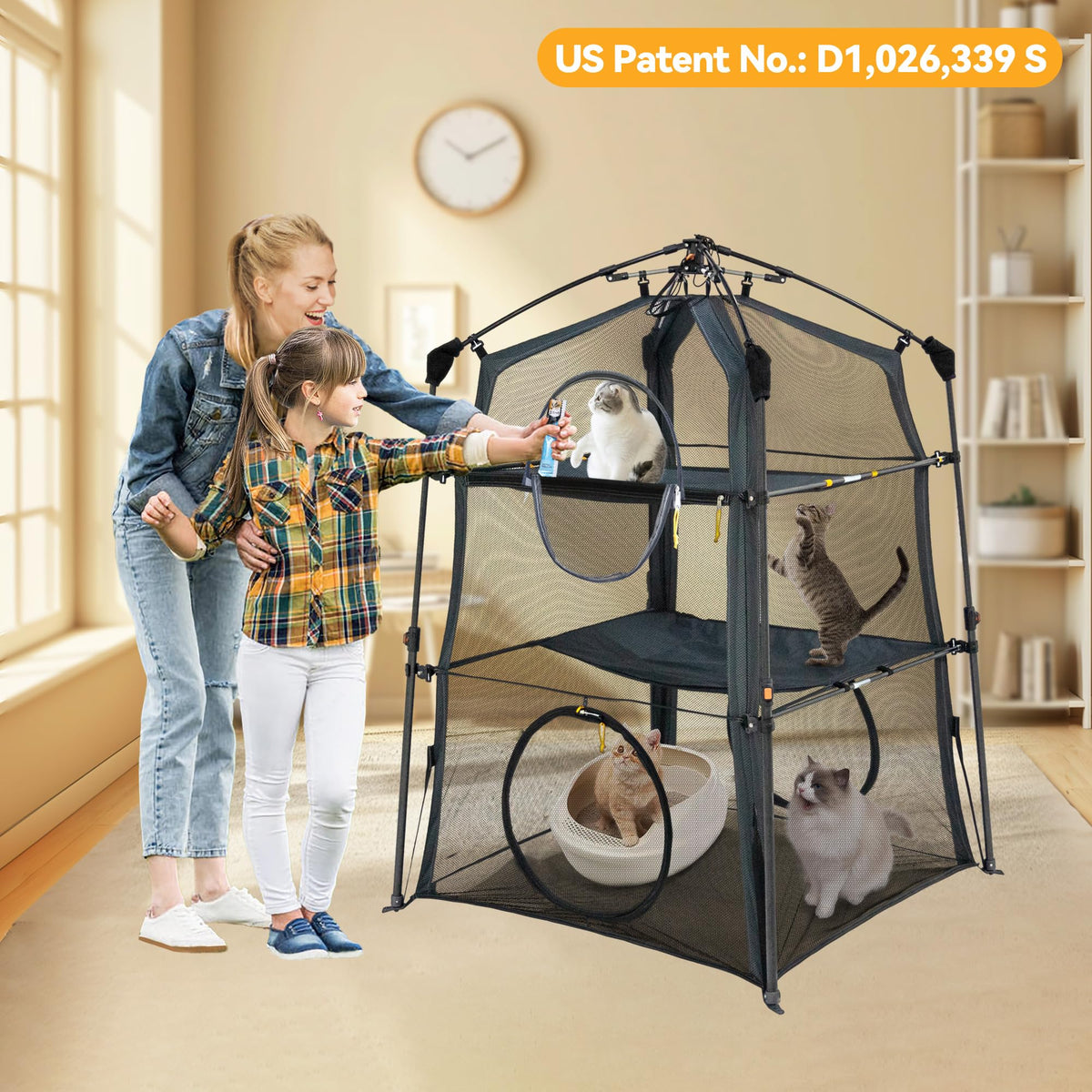 Automatic Pop-Up Cat Enclosure|3-Tier Cat Tent|Cage|Outdoor Catio with Patent,Breathable Portable & Foldable, Stable Structure for Indoor/Outdoor, Free Teaser Wand,Friendly Connectable playpen-Black