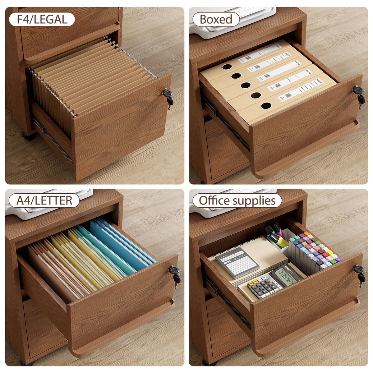 KungFuWood Wheeled Double-Drawer Filing Cabinet, Lockable Metal Filing Cabinet, Suitable for Home Offices or Storage cupboards for Storing Legal documents or Letter-Sized Files.
