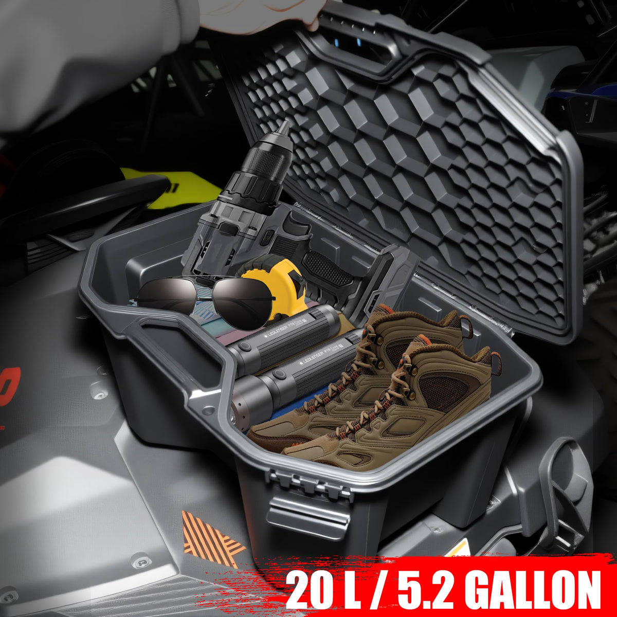 XATVXUTV 5.2Gal/20L Rear Modular Cargo Box for Can Am Maverick, Waterproof Rear Bed Tool Storage Box for Can Am Maverick X3 MAX, Trail, Defender, Commander Accessories, Replace OEM #715007112