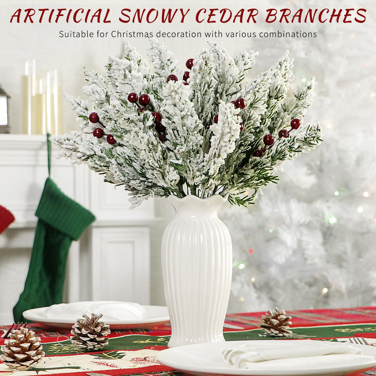 24 Pcs Christmas Snowy Artificial Pine Branches,10.5" Faux Frosted Evergreen Norfolk Pine Sprigs Cypress Leaves Fake Foliage Greenery Picks for Xmas Wreath Making DIY Crafts Decor (24, Snow White)