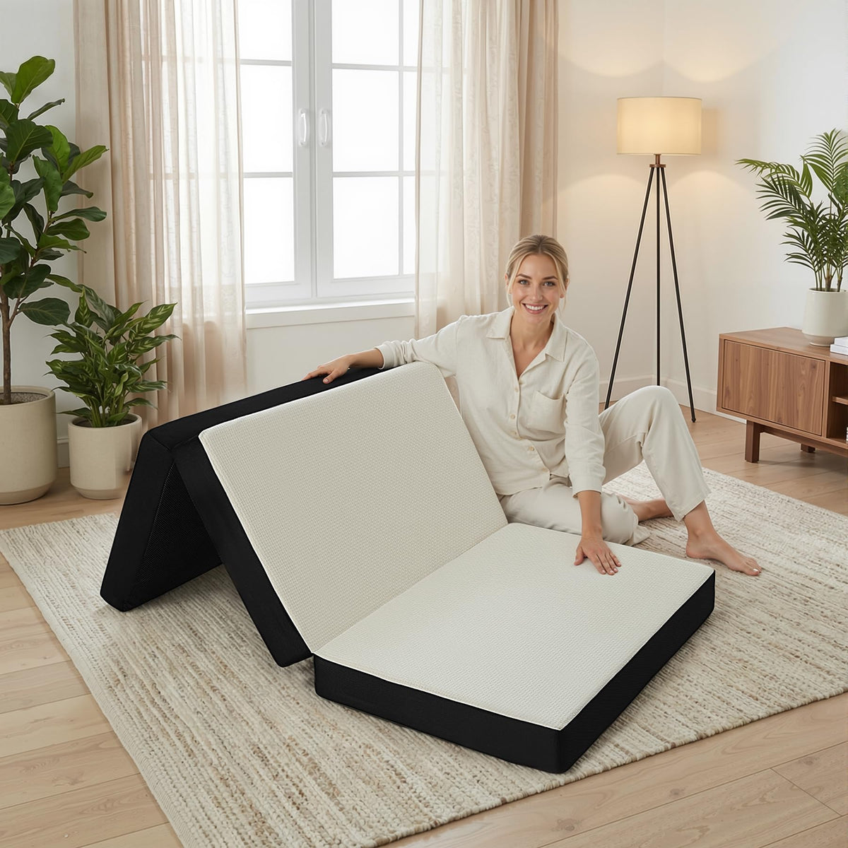FurryWee Foldable Mattress Queen, Memory Foam Tri Fold Mattress with Removable Washable Cover, 4 inch Folding Floor Mattresses Sleeping Pad for Guest, RV, Travel, Camping, White, 78"x58"x4"