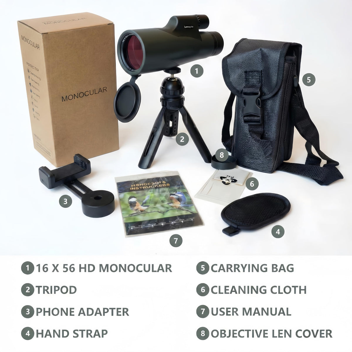16x56 High Powered Monoculars for Adults – HD BAK4 FMC Long-Range Monocular Telescope, IPX7 Waterproof with Smartphone Adapter & Tripod for Bird Watching, Hunting, Hiking & Camping, Gift Set