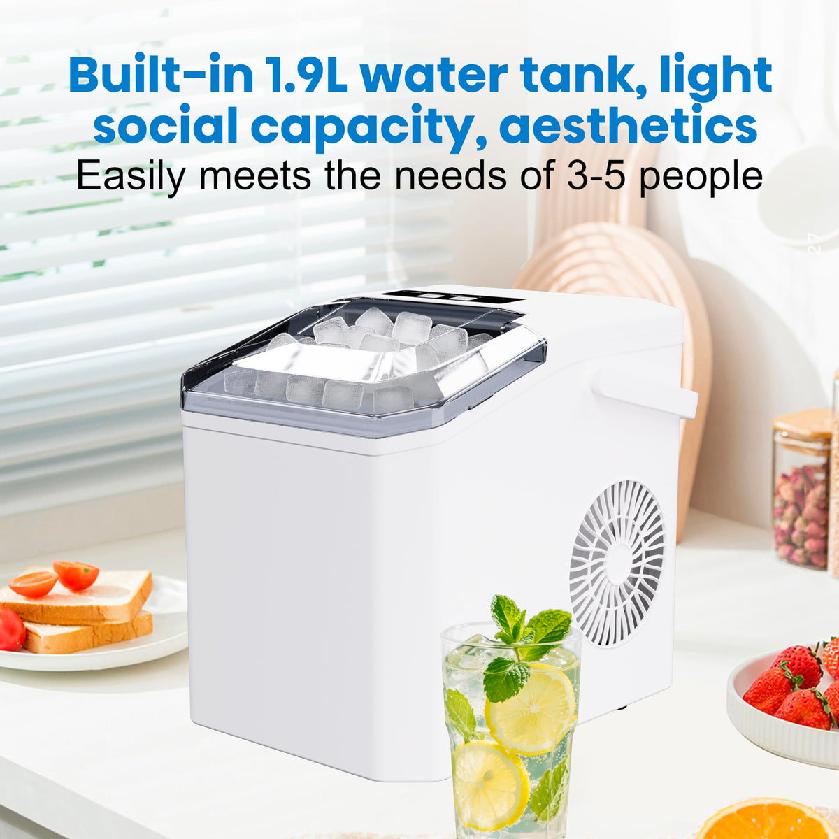 Countertop Ice Maker Machine with Portable Handle, Basket and Scoop, 26lbs Daily, 9 Ice Cubes Ready in 6 Mins, Auto-Cleaning for Home, Kitchen, Office, Outdoors, RV Camping.