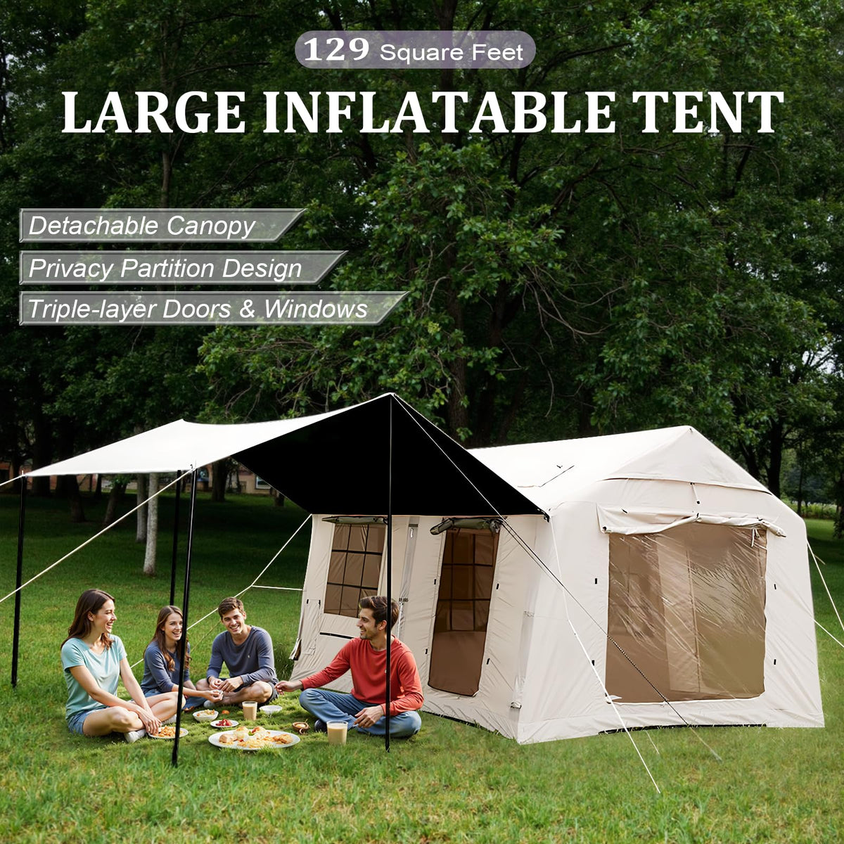SENLEETO Large Inflatable Tent for Camping 10-12 Person, 10 * 13ft Inflatable Hot Tent with Stove Jack, Blow up Tents with Canopy,Easy Setup Inflatable Camping Tent,4 Season Glamping Tents