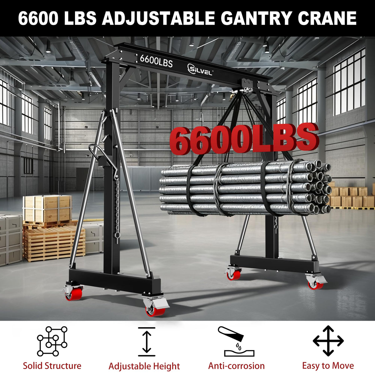 SILVEL 3 Ton Gantry Crane, Max 6600Lbs 8.53FT Maximum Working Width, Adjustable Height 8.53-12.47FT, Portable Shop Lift Hoist with 3 Ton Manual Trolley for Factories, Warehouses, Garage,Black