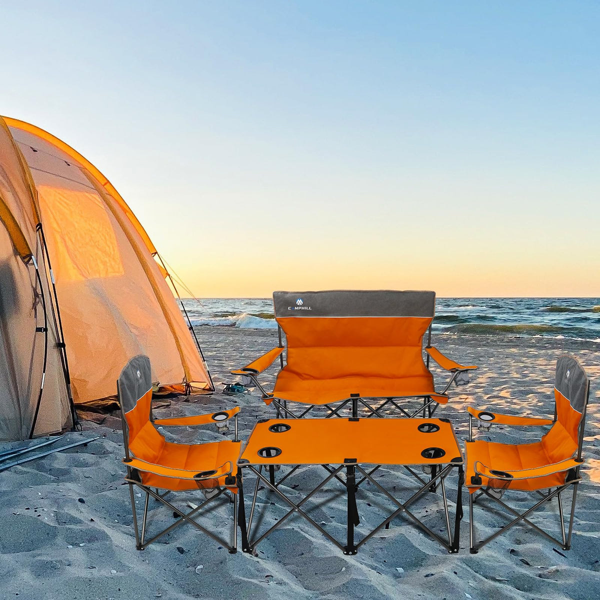 CAMPHILL Camping Set of 4 including Table. Heavy Duty Outdoor Folding Chairs with Cup Holder. Collapsible, Includes One Sofa & Two Single Chairs, Plus Camping Table