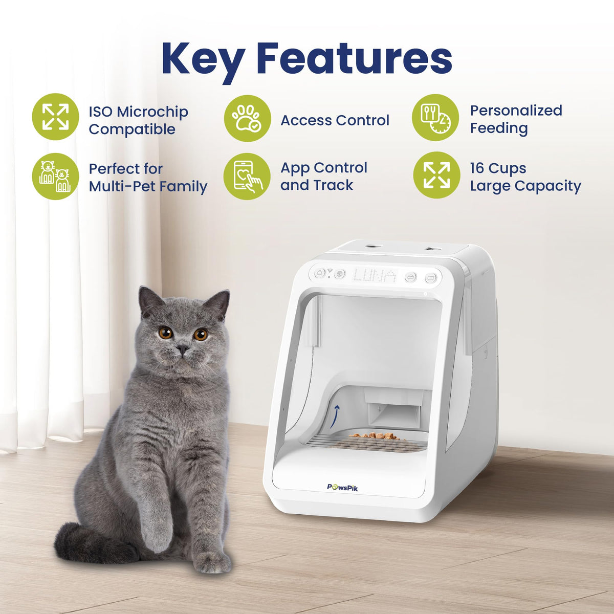PawsPik Automatic Microchip RFID Cat Feeder,16-Cup, ISO Microchip & PawsPik RFID Tag Compatible, App Control, Portion Control