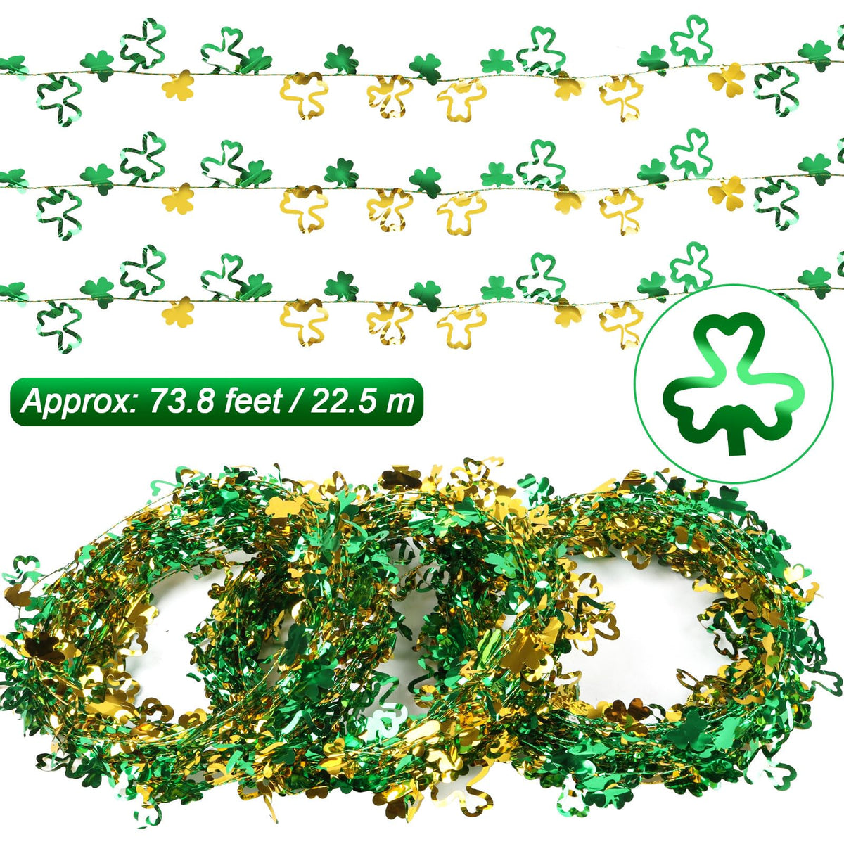 LOAVER 75 Ft St. Patrick's Day Shamrock Wire Wreath Tinsel Garland,3 Rolls Hollowed Metallic Twist Garland Irish Festive Clover Wreath for St. Patrick's Day Party Wall Crafts Decoration(Green & Gold)