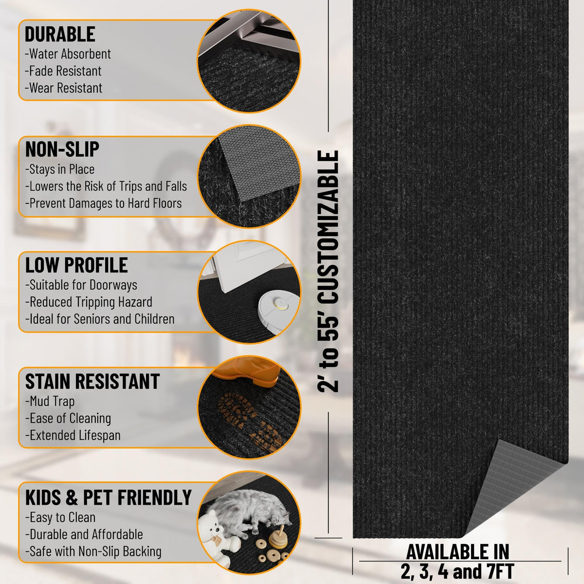 Ottomanson 6'6" x 11' Mud Mat Area Rug Scraper Carpet - Non-Slip, Dirt Trapping for Indoor & Outdoor Use - Ideal for Entryway, Garage, Kitchen, Patio & High-Traffic Areas, Black