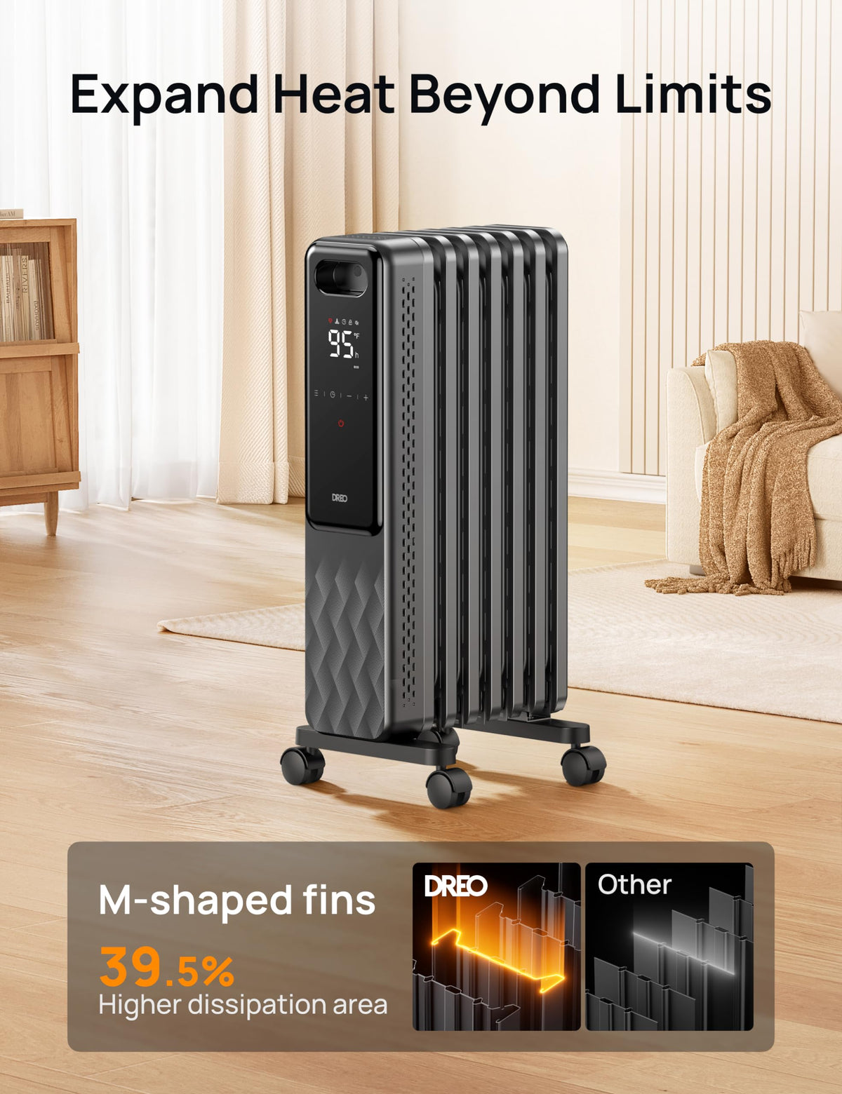 DREO Oil Filled Radiator, Electric Radiant Heaters for indoor use Large Room with Remote Control, Child Lock, 4 Modes, Overheat & Tip-Over Protection, 24h Timer, Digital Thermostat, Quiet, 1500W